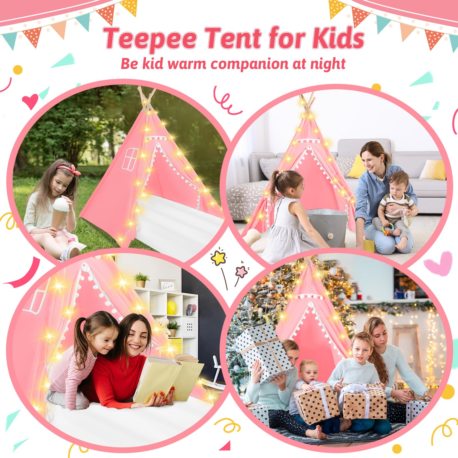 4-Pack Kids Teepee Tents with Inflatable Air Mattress & Fairy Lights - Washable Cotton Play Tent for Boys and Girls Sleepovers, Birthday Parties & Indoor Camping (Pink) - Perfect for Slumber Parties, Playrooms & Backyard Adventures