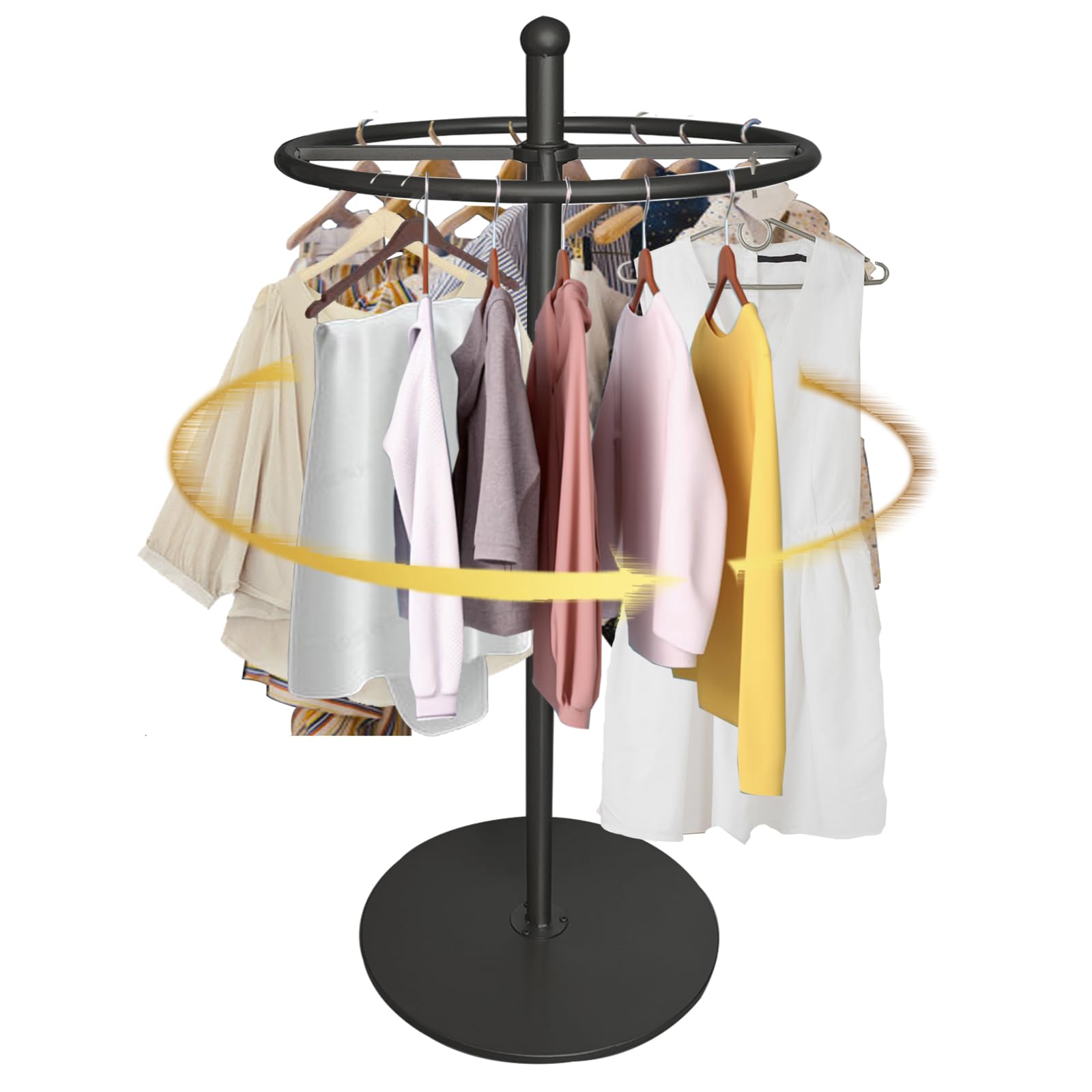 Rotatable Round Garment Rack - Floor Standing 360° Swivel Clothing Rack with Wheels, Portable Retail Display Stand for Hanging Clothes | Perfect for Bedroom, Boutique, Commercial Shop & Laundry Room Organization