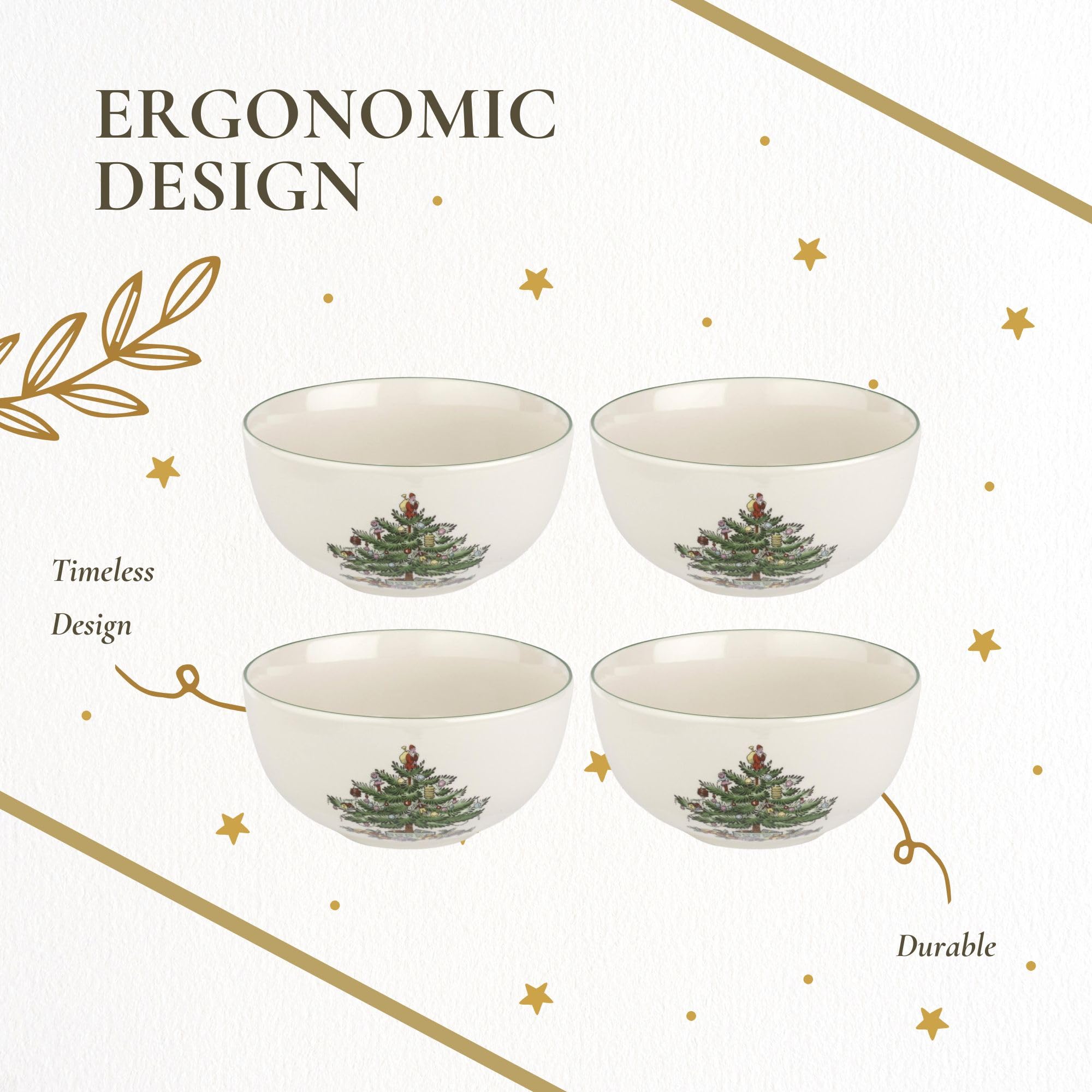 Spode Christmas Tree 5.5-Inch Fruit Salad Bowl Set of 4 - Classic Holiday Earthenware Serving Bowls for Cereal, Dessert, Christmas Treats - Microwave, Dishwasher & Oven Safe Tableware - Perfect for Holiday Parties, Family Gatherings & Festive Dining Decor
