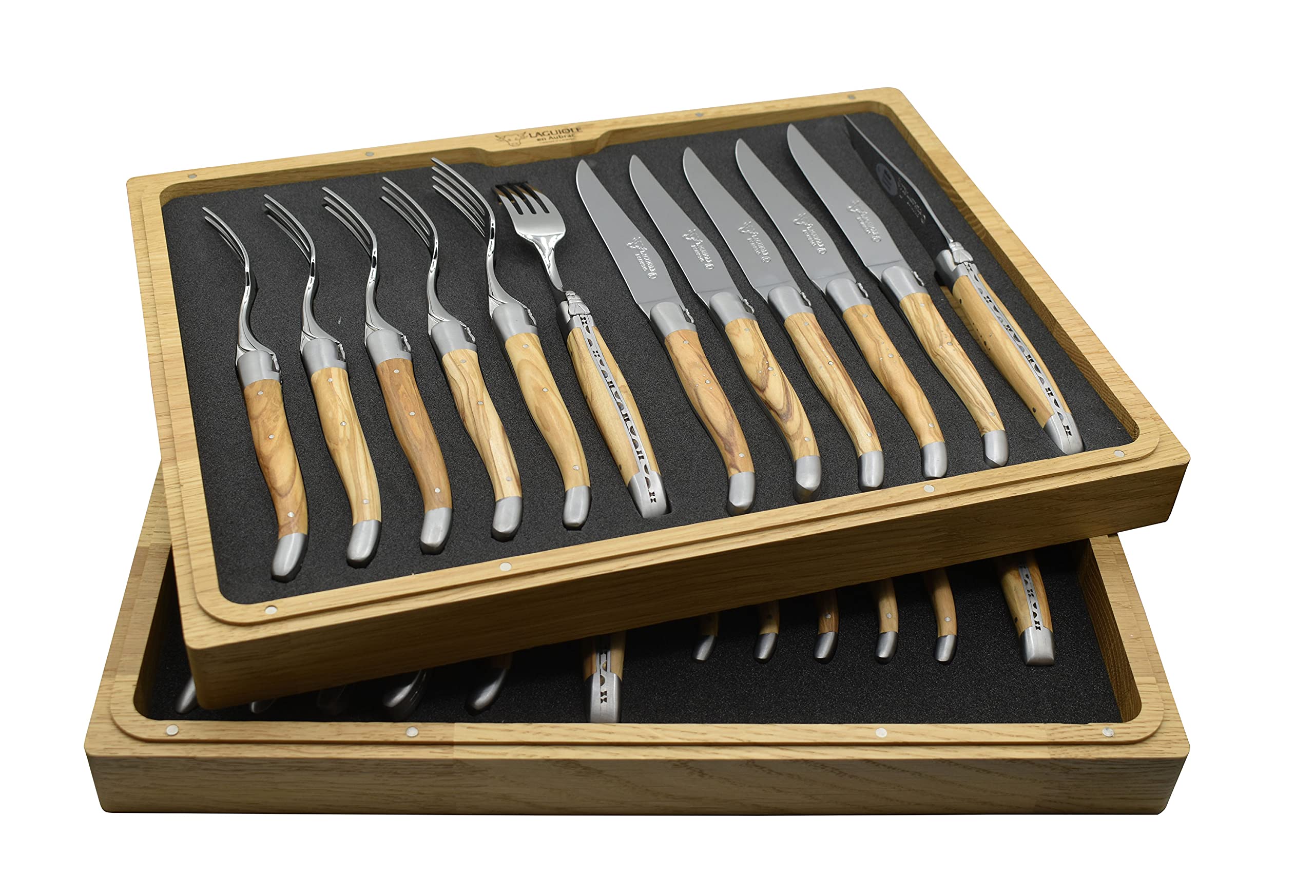 Premium Laguiole en Aubrac 24-Piece Flatware Set - 6 Steak Knives, 6 Forks, 6 Soup & 6 Tea Spoons - Olive Wood Handle & Stainless Steel Brushed Bolsters - Elegant Dinnerware for Fine Dining & Entertaining