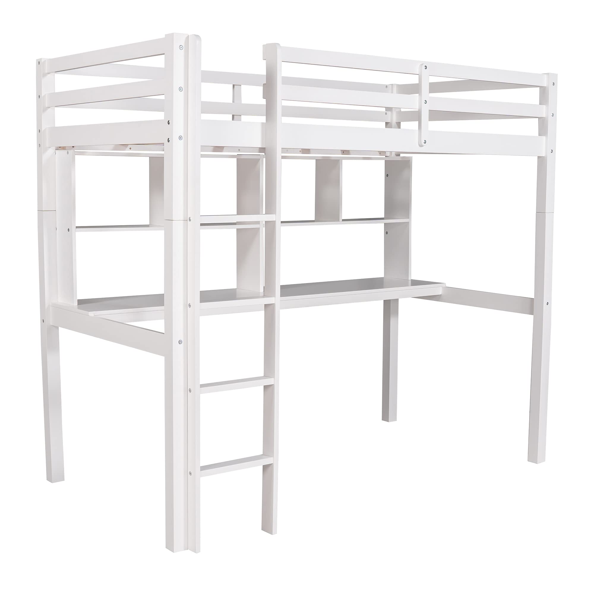 Twin Size Loft Bed with Built-in Desk & Shelves | Solid Wood Frame with Ladder & Safety Rail | No Box Spring Required | Perfect for Small Bedrooms, Dorms & Kids Rooms (White)