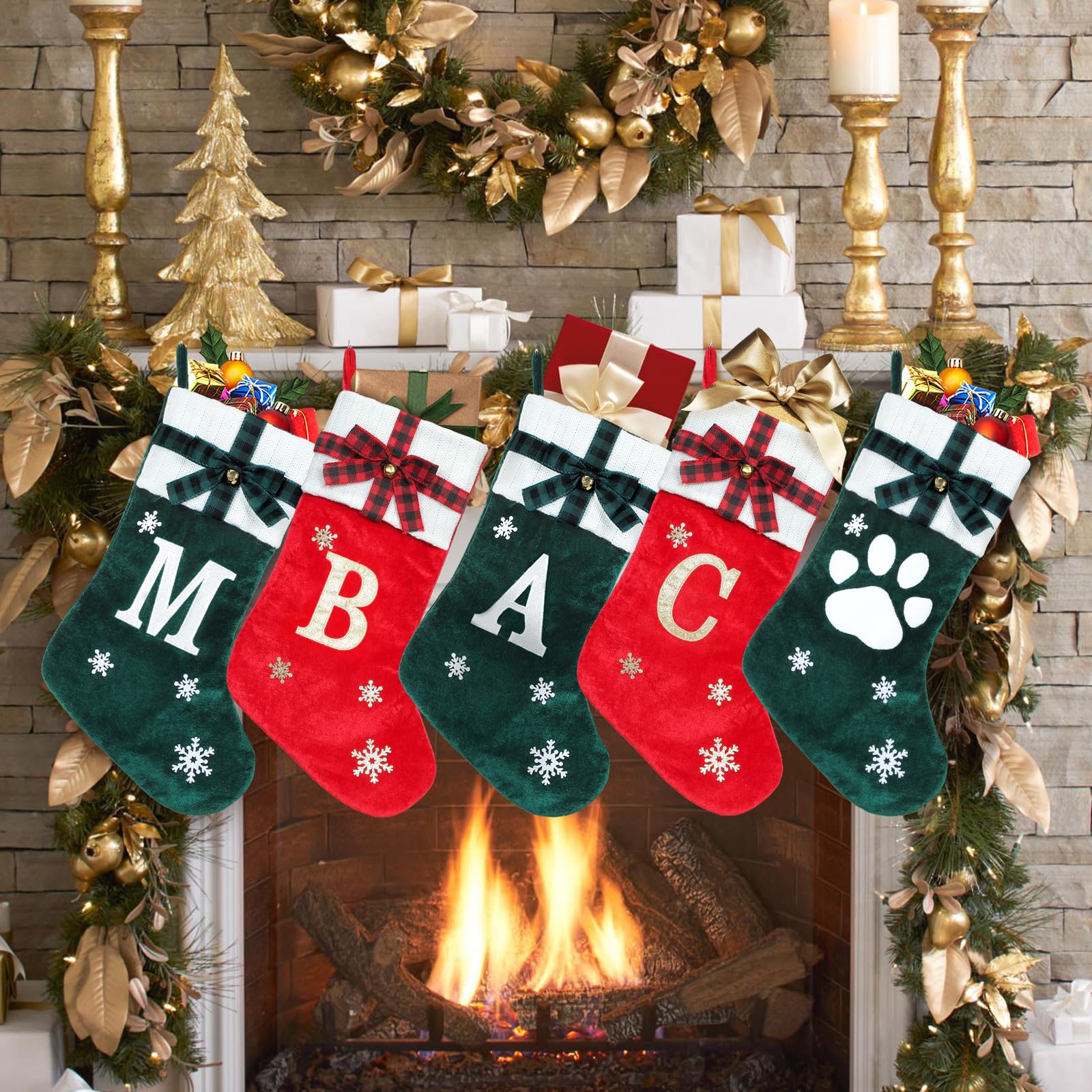 HMASYO 20 Inch Green Velvet Personalized Pet Christmas Stocking - Embroidered Paw Design with Bow & Knitted Cuff for Dogs & Cats | Perfect for Family Holiday Decor, Fireplace Mantel & Gift Exchange
