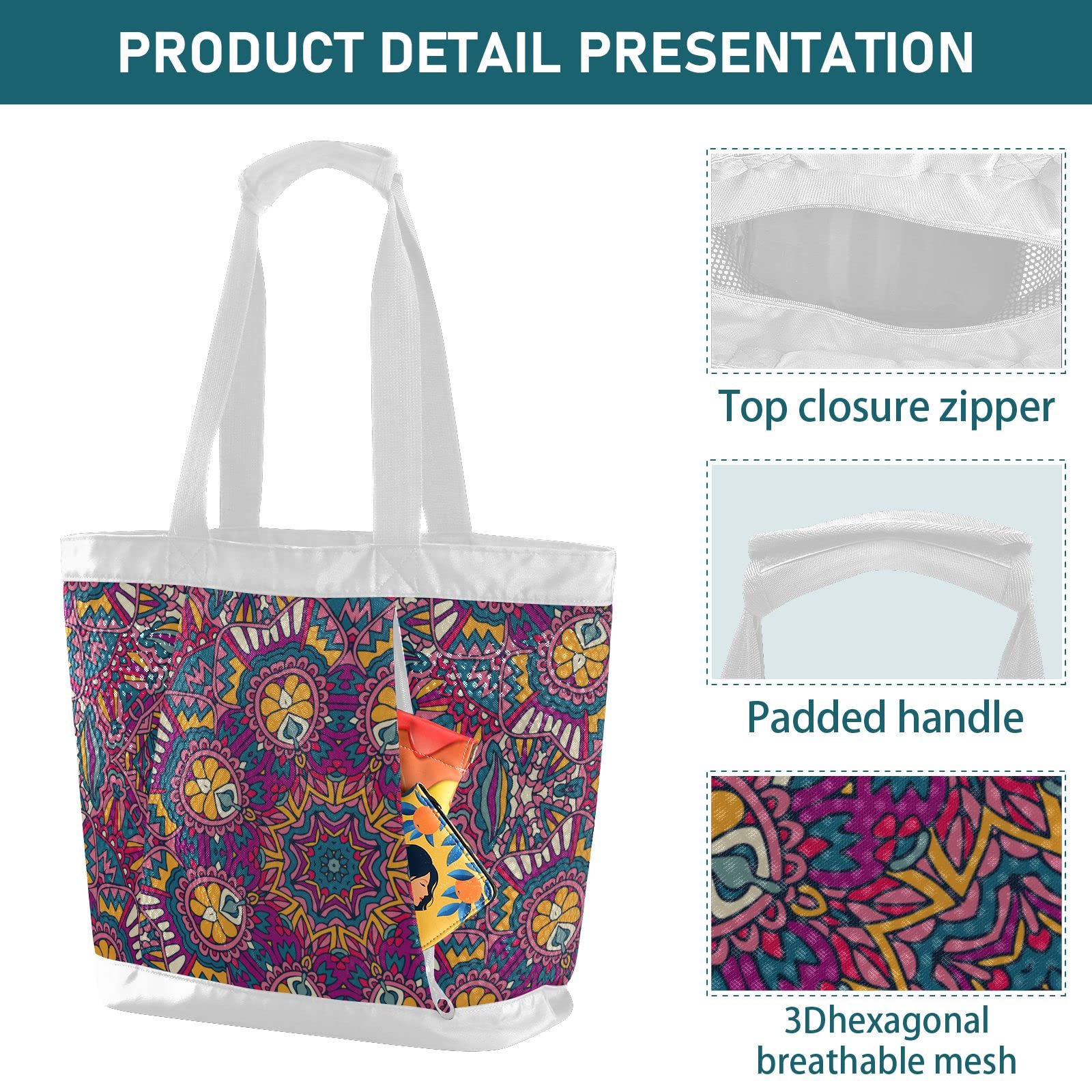 J JOYSAY Tribal Ethnic Floral Mesh Beach Tote Bag - Large Reusable Women's Beach Bag for Travel, Yoga, Grocery Shopping | Perfect for Seaside, Pool Parties & Summer Vacations