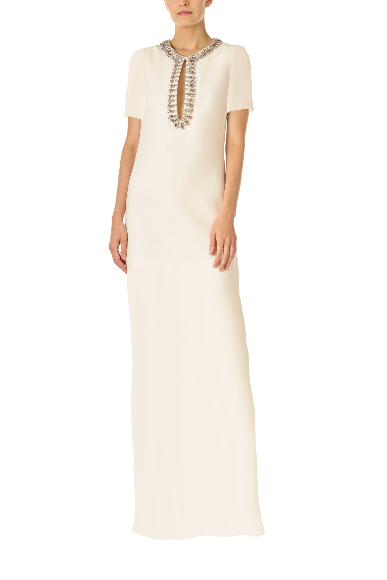Elegant White Silk Caftan with Jeweled Neckline - Perfect for Weddings, Parties & Special Occasions
