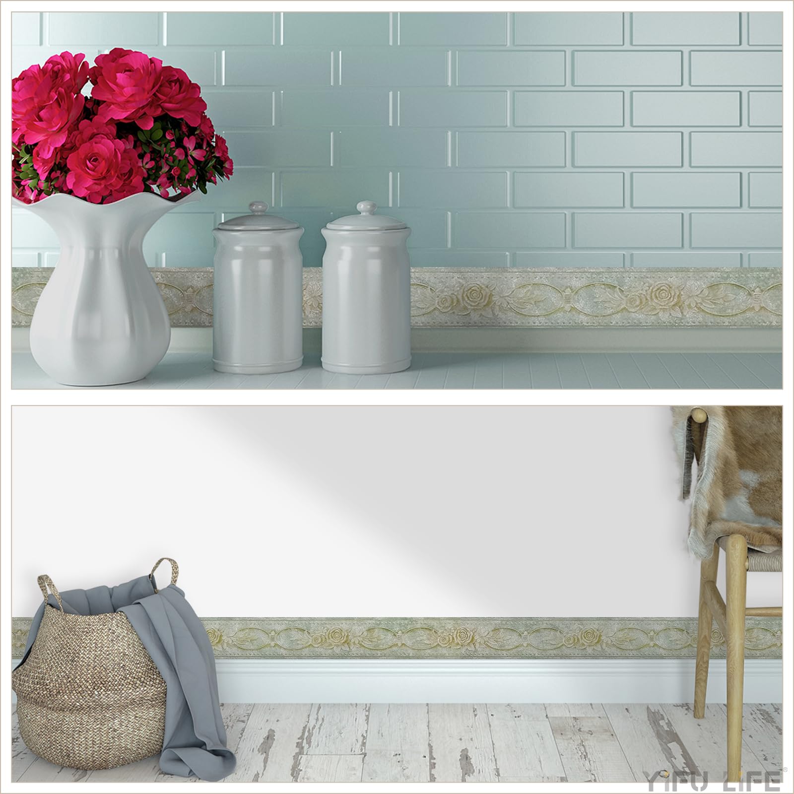 3D Elegant Royal Rose Green Flower Peel and Stick Wallpaper Border - Waterproof Self-Adhesive Wall Decoration for Bathroom, Kitchen, Ceiling (4.2