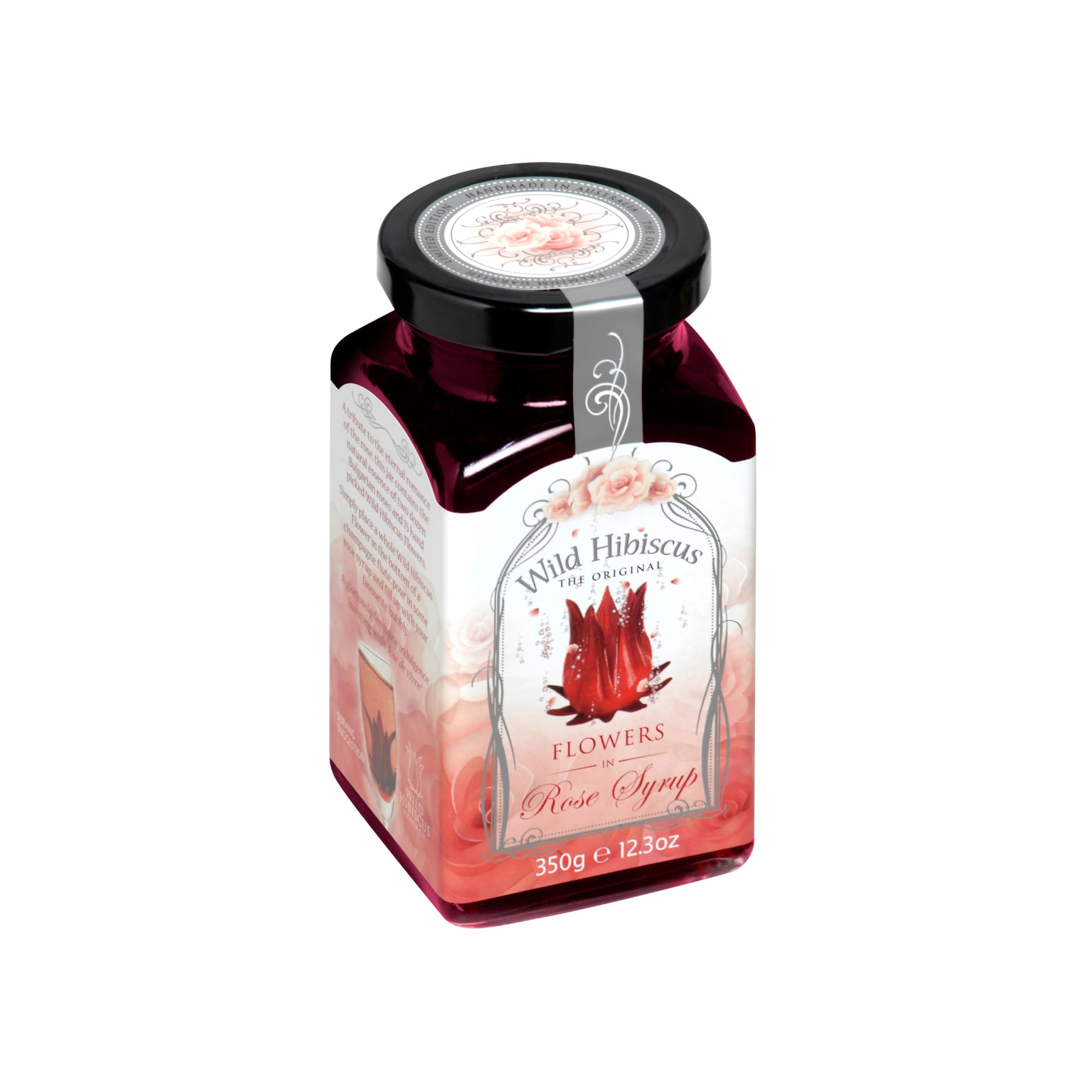 Wild Hibiscus Flowers in Rose Syrup 12.3 fl oz (365ml) - Premium Cocktail Garnish, Gourmet Dessert Topping & Tea Infusion for Special Occasions