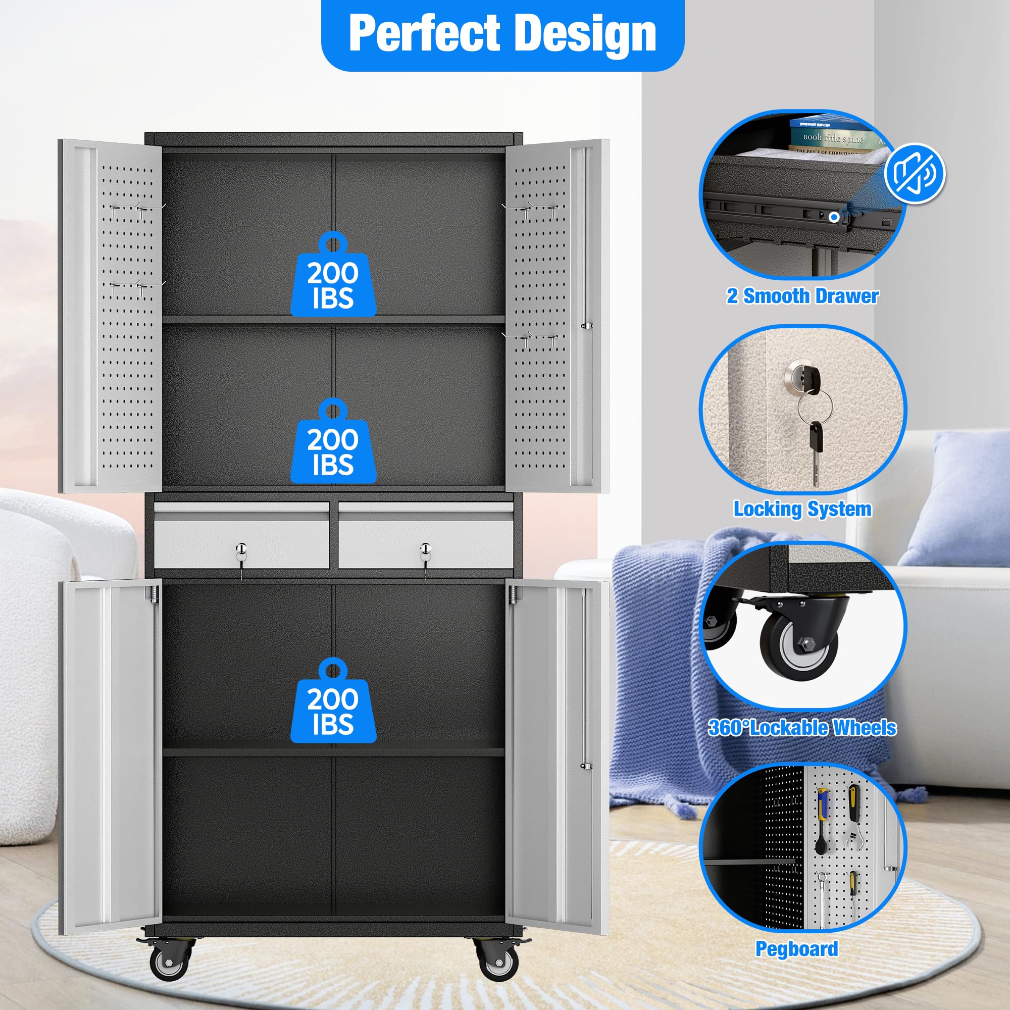 Aobabo Heavy-Duty Metal Storage Cabinet with Locking Doors & Pegboard - 2-Drawer Steel Rolling Tool Cabinet with Adjustable Shelves for Garage, Home, Office & Kitchen - Easy Assembly (Black Gray) - Perfect for Organizing Tools, Supplies & Equipment