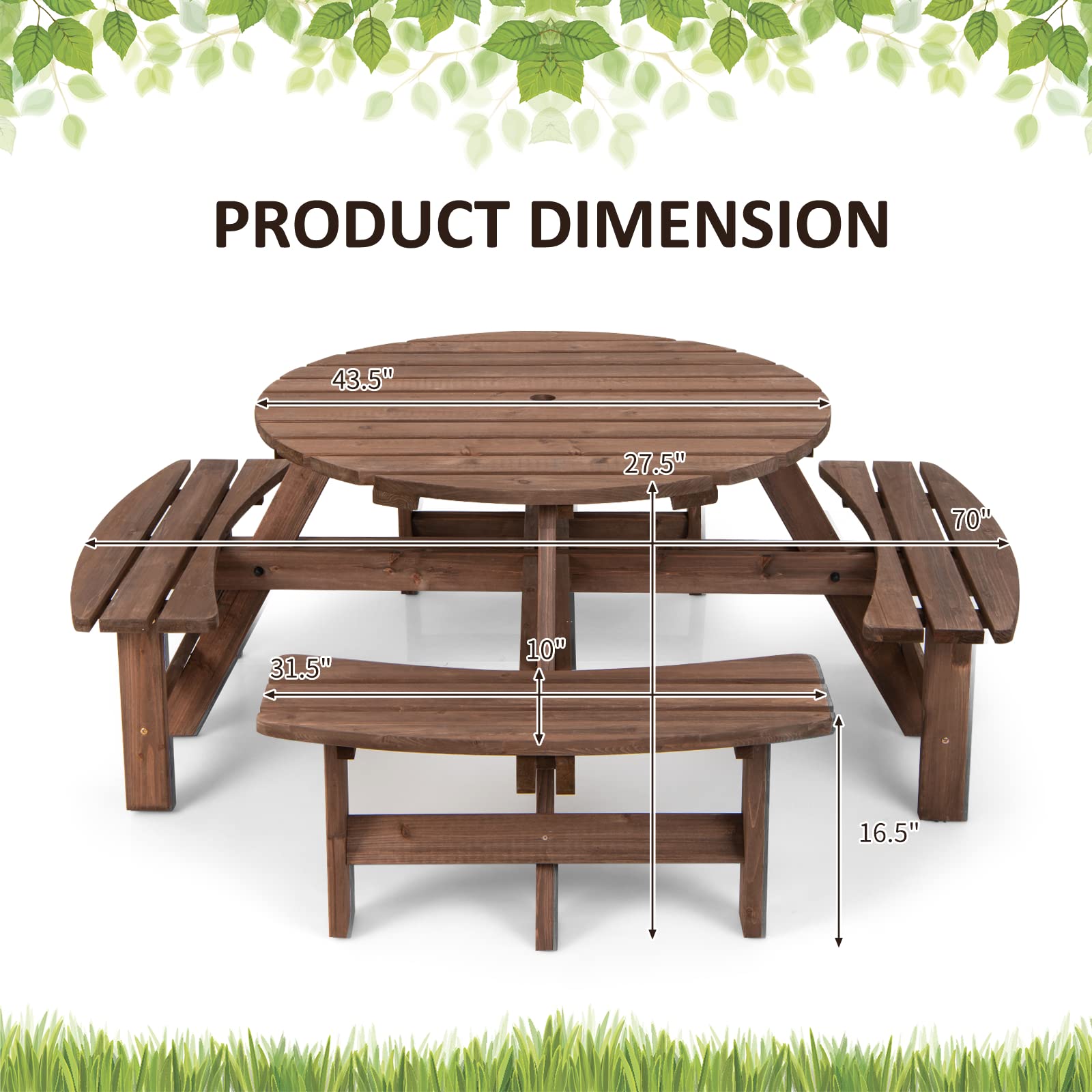Tangkula 8-Person Round Wooden Picnic Table with 4 Built-in Benches & Umbrella Hole - 500lbs Capacity Per Bench - Outdoor Dining Set for Garden, Backyard, Patio, Camping & Picnic Areas