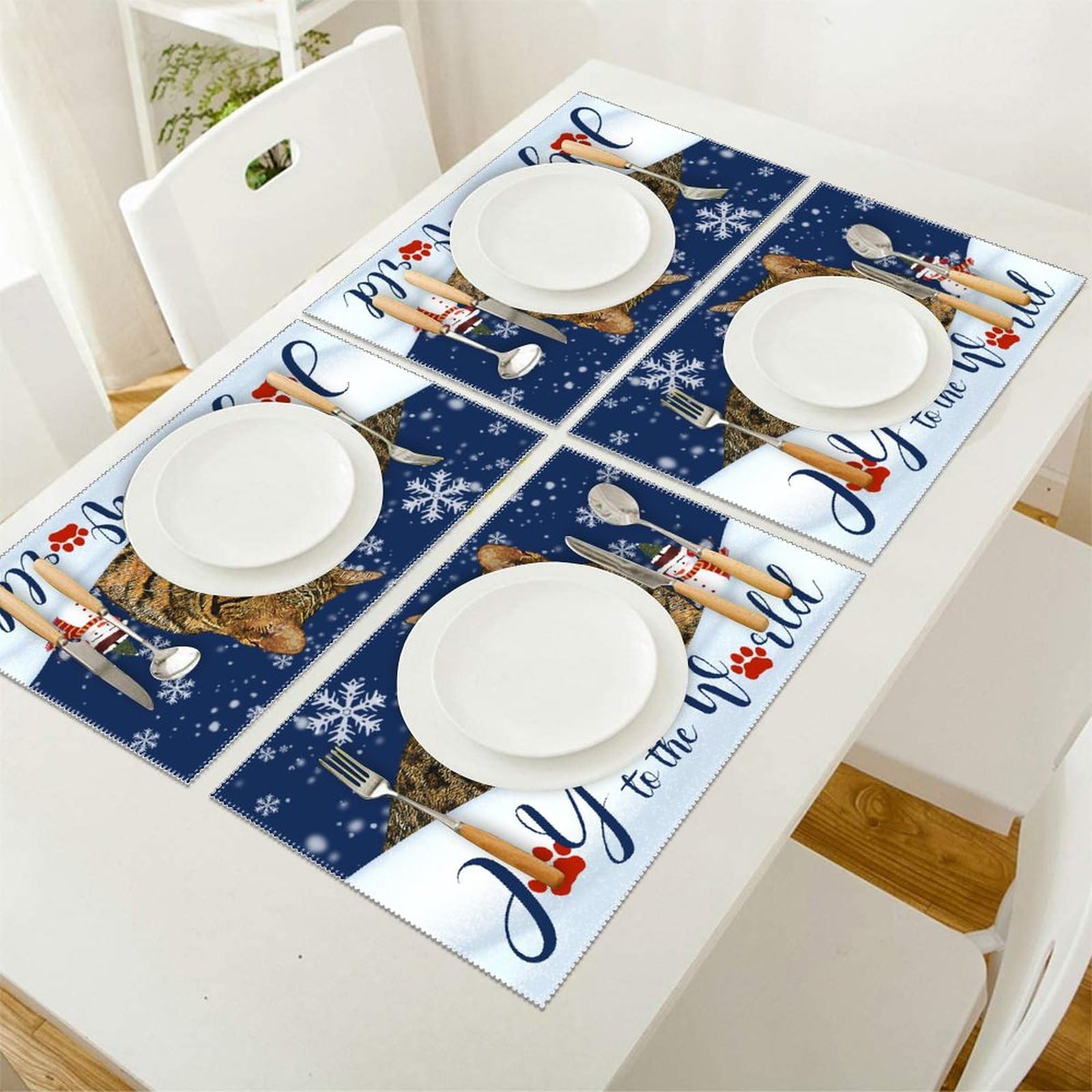 Joy to The World Winter Snowmen Cat Boho Place Mats - 12x18 Inch Washable Oxford Fabric Dining Table Mats - Elegant & Durable Kitchen Placement for Holiday Decor, Christmas Dinner, and Everyday Use