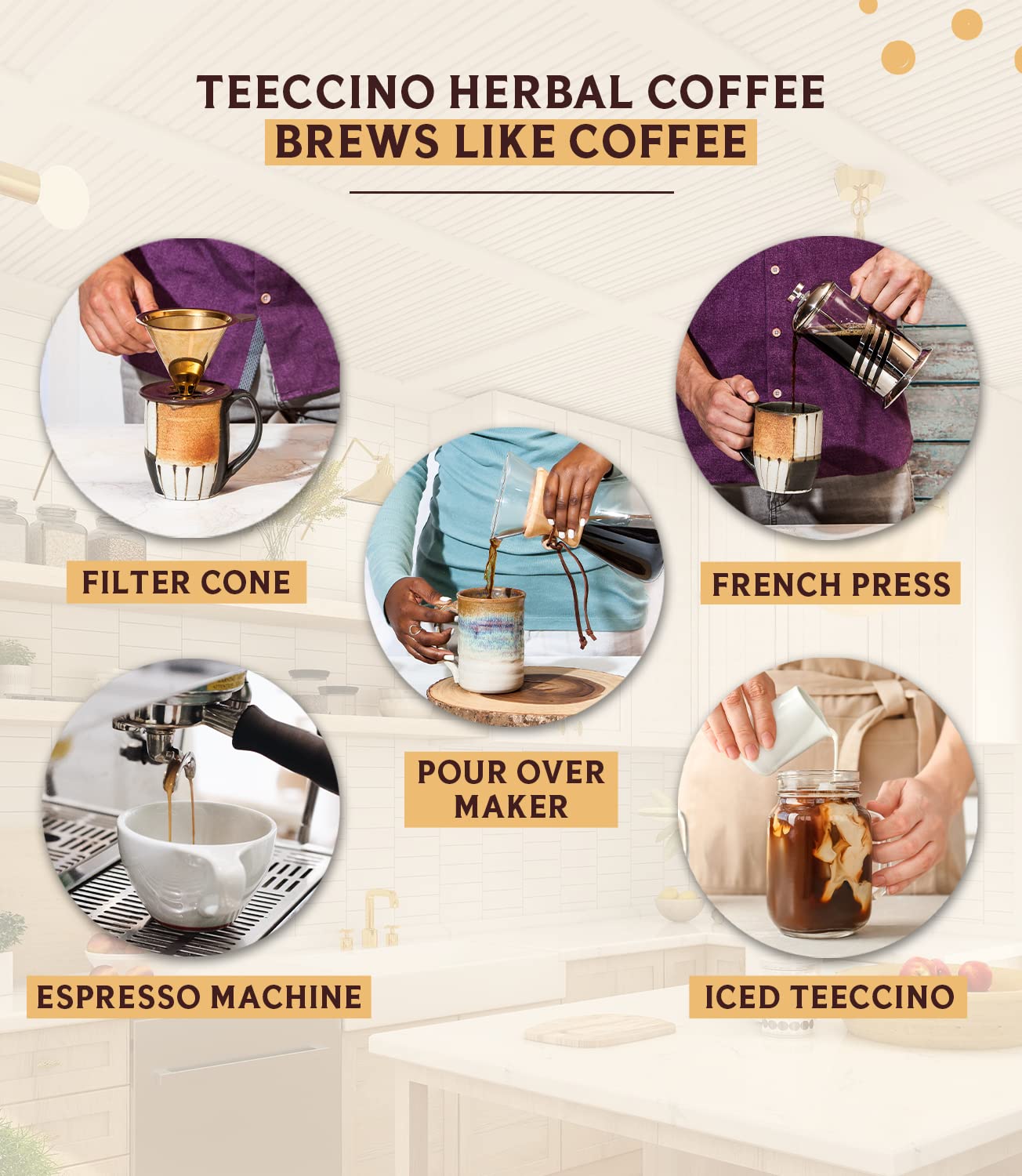 Teeccino Pour Over Coffee Maker with 2 (Two) 11 Ounce Bags of Dandelion Coffee Alternative - Dark Roast & Vanilla Nut – Caffeine Free, Acid Free, Prebiotic, Stainless Steel Gold Coffee Dripper | Perfect for Home Brewing, Office Use & Gift Giving
