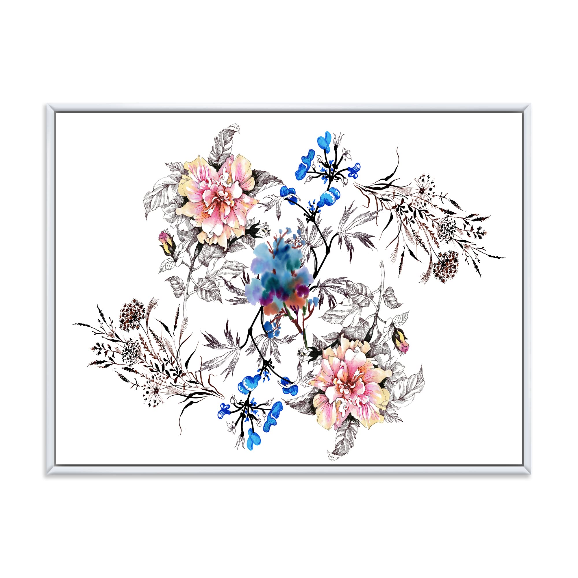 DesignQ Blue and Pink Wildflowers Framed Canvas Wall Art - Traditional Floral Home Decor for Living Room, Bedroom & Office