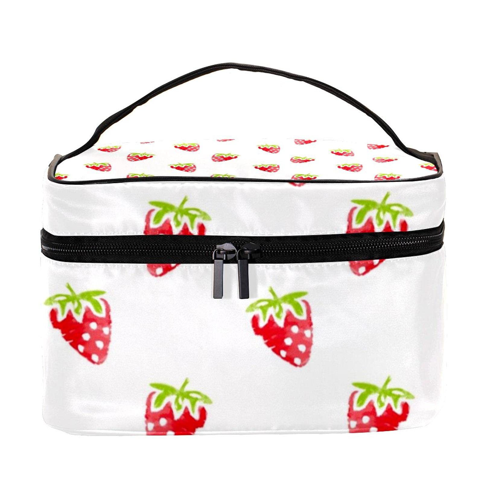 Hand Drawn Strawberry Pattern Travel Makeup Bag - Large Cosmetic Organizer with Zipper for Women & Girls | Perfect for Vacation, Gym & Daily Essentials Storage