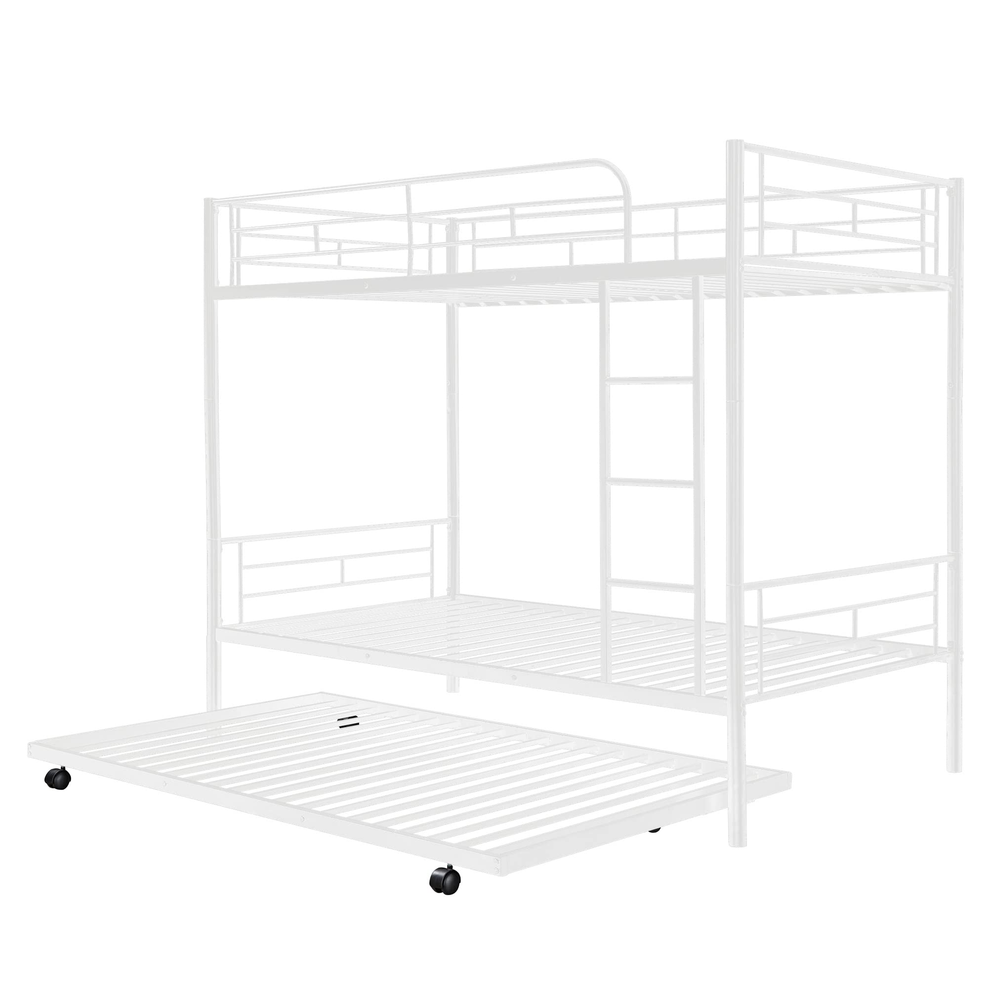P PURLOVE Twin Over Twin Metal Bunk Bed with Trundle - Convertible to 2 Separate Beds - Sturdy Frame with Ladder - No Box Spring Required - White - Perfect for Kids' Bedroom, Guest Room & Space-Saving Solutions