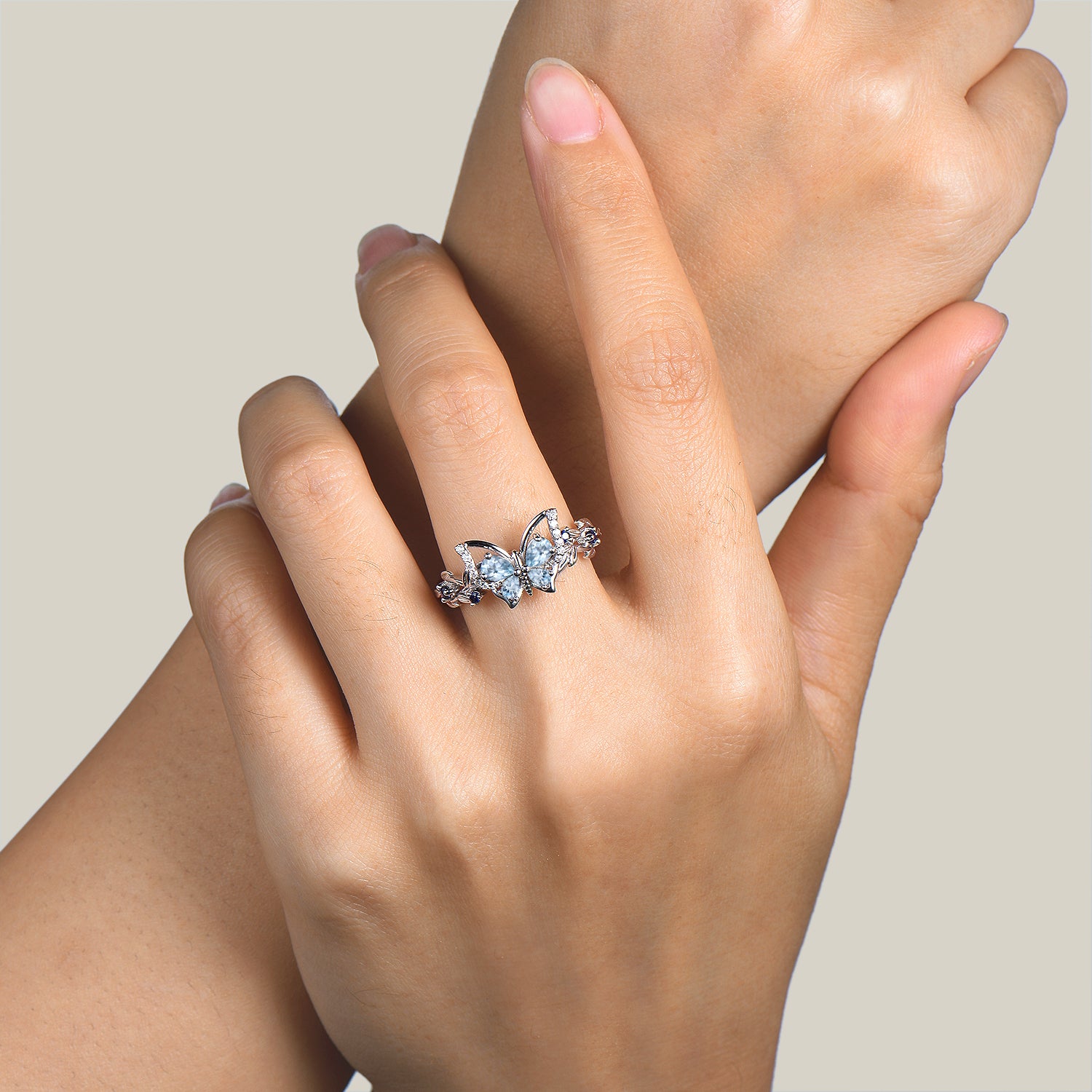 Natural Pear Cut Aquamarine Butterfly Wedding Ring with Diamond & Sapphire Accents - Nature Inspired Bridal Jewelry for Engagement, Anniversary & Romantic Occasions