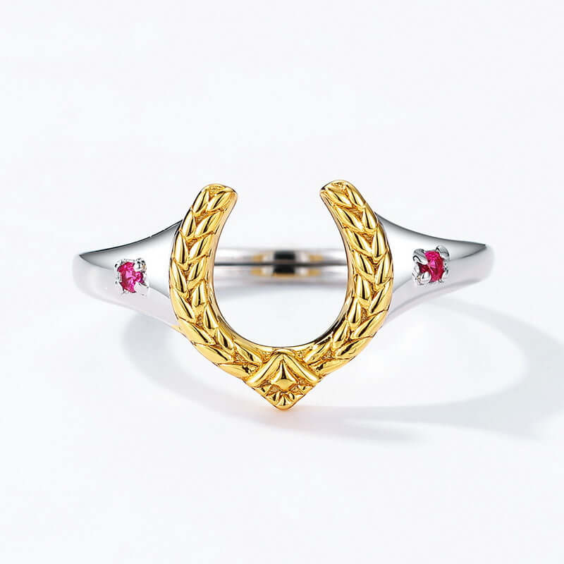 Antique Red Corundum Wisdom Horseshoe Ring for Good Luck | HJ189 | Vintage Jewelry for Women, Gift for Her, Spiritual Protection Amulet, Unique Statement Ring for Special Occasions