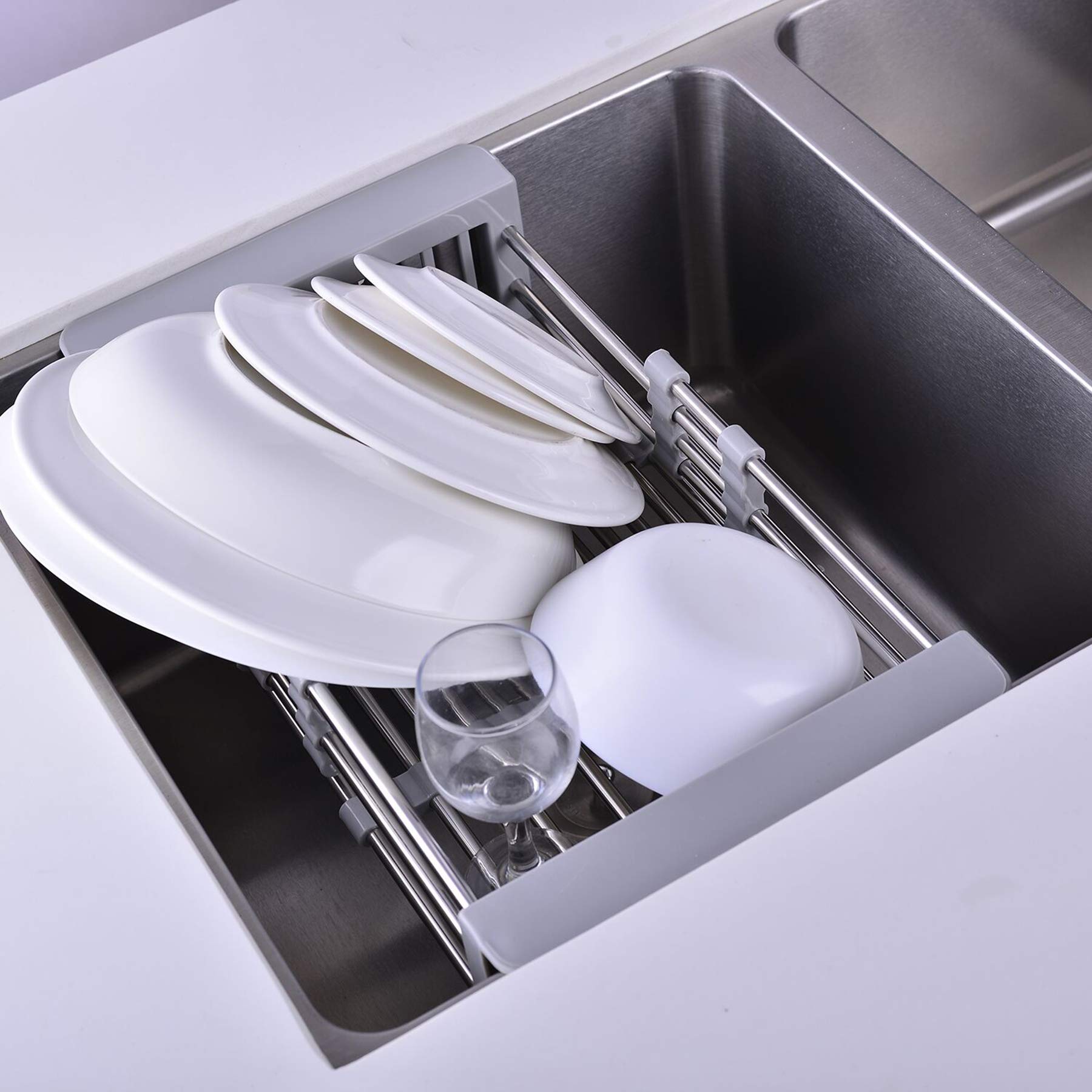 Stainless Steel Over The Sink Dish Drying Rack with Adjustable Arms - Space Saving Kitchen Sink Organizer for Dishes, Fruits & Vegetables | Perfect for Small Kitchens & Countertop Storage