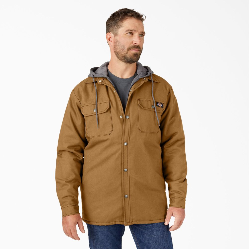 Dickies Men's Hooded Fleece Duck Shirt Jacket with Hydroshield Water-Resistant Technology | Brown Duck Workwear | Outdoor Work Jacket for Construction, Landscaping & Cold Weather Protection