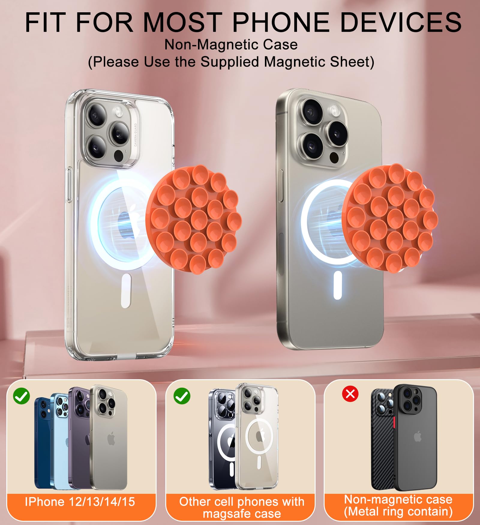Omee Magnetic Suction Cup Phone Mount - Anti-Slip Hands-Free Silicone Car Phone Holder for iPhone MagSafe Cases, Shower Mirror Mount for Selfies & TikTok Videos (Orange) - Perfect for Driving, Bathroom Selfies & Content Creation
