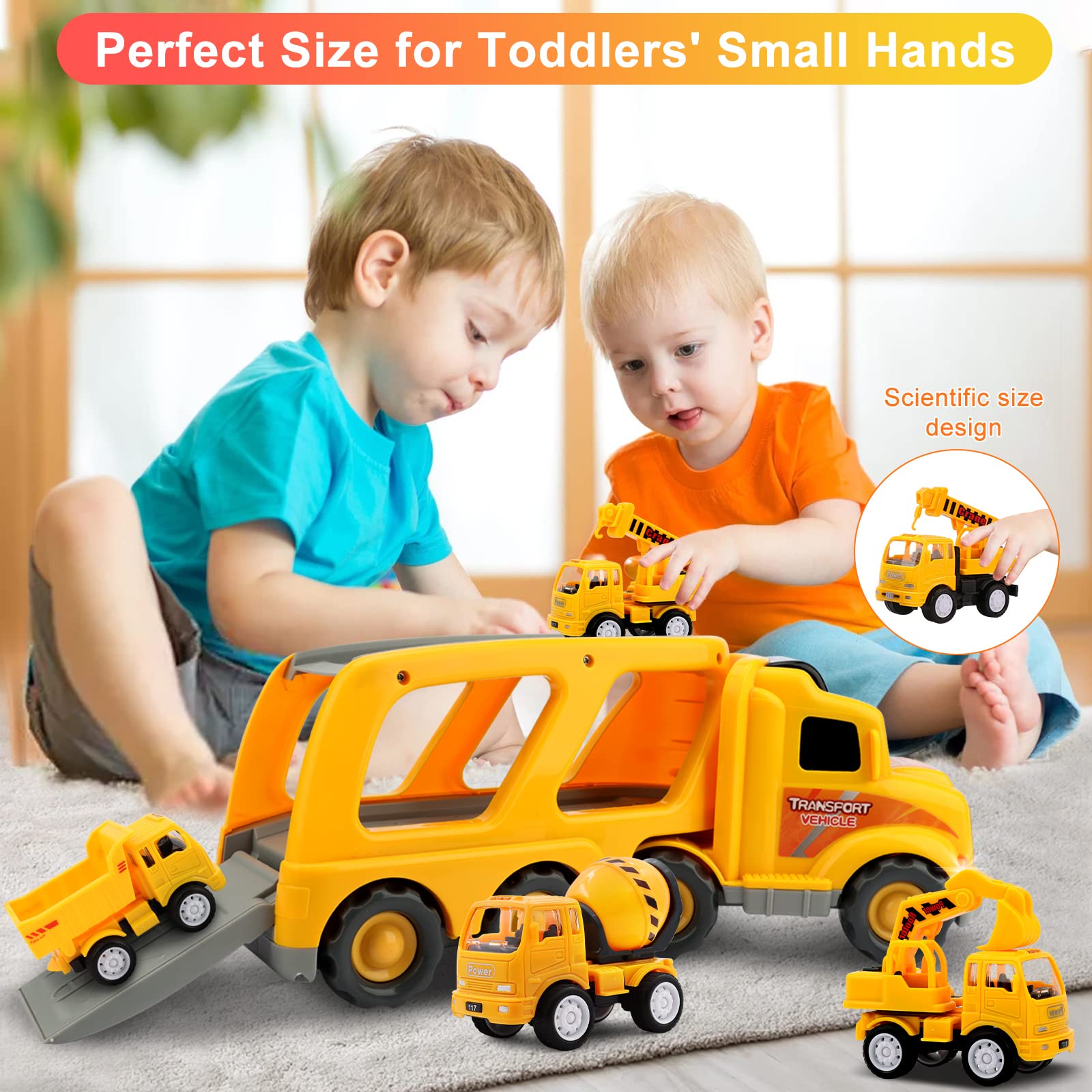5-in-1 Construction Truck Carrier Toy Set for Toddlers - STEM Learning Vehicles for Boys & Girls Ages 1-4 (18 Months to 4 Years) - Perfect Christmas & Birthday Gift for 1 2 3 Year Old Kids | Great for Pretend Play, Sandbox Fun & Early Childhood Development