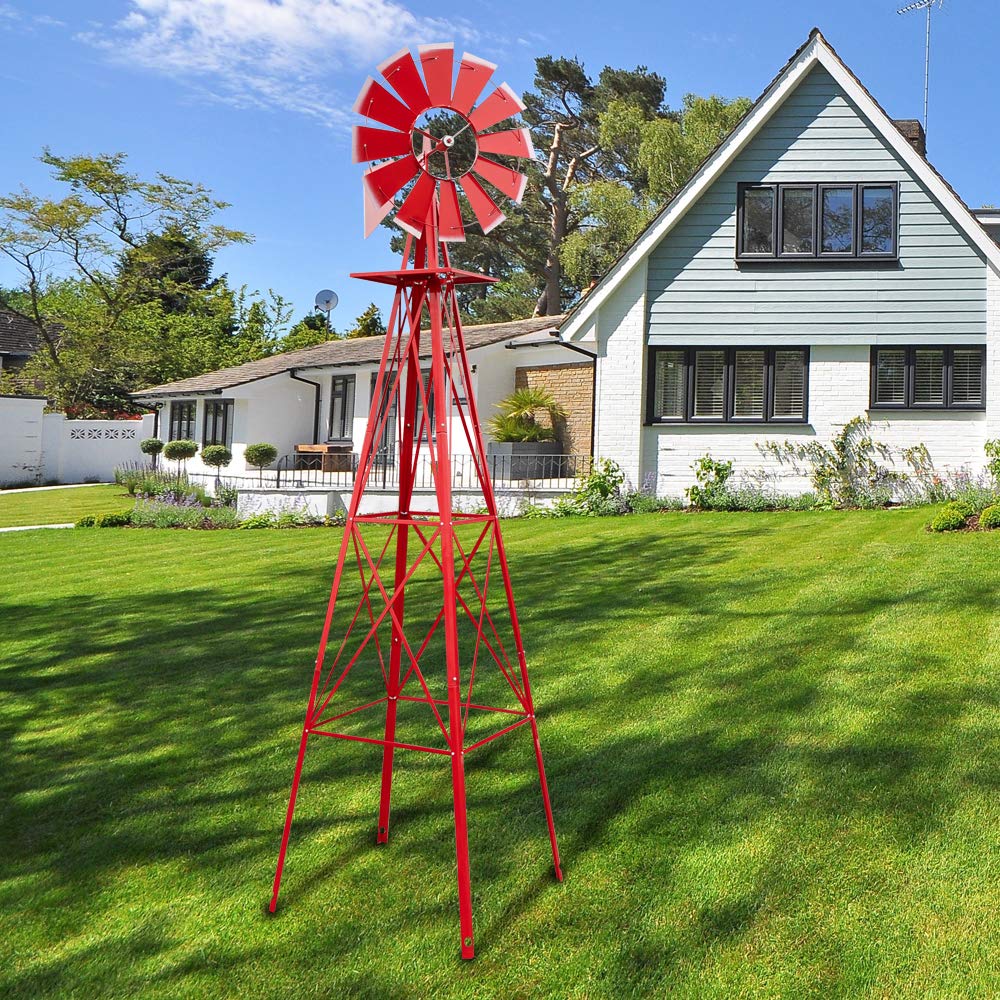 8FT Red Heavy Duty Metal Windmill - Weather Resistant Outdoor Garden Decor for Lawn, Yard & Patio - Beautifully Designed Windmill Ornament for Home Landscaping & Farmhouse Style Decoration