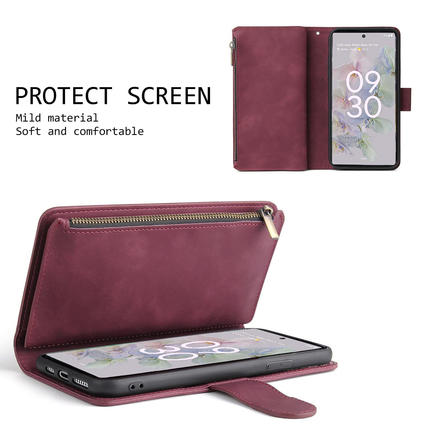 Google Pixel 6A Magnetic Leather Wallet Case - Flip Cover with 6 Card Slots, Hand Strap & Zipper Pocket | Shockproof Stand Case for Women & Men | Perfect for Work, Travel & Daily Use (Red)