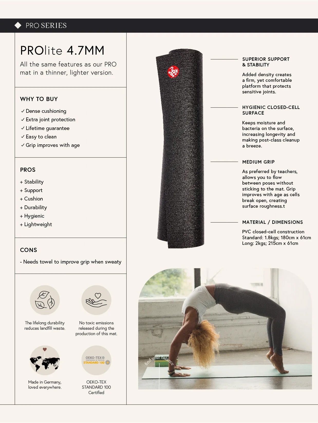 Manduka PROlite Yoga Mat - Premium Non-Slip Eco-Friendly Yoga Mat for Home & Studio Workouts - Ideal for Hot Yoga, Pilates, and Meditation Practice