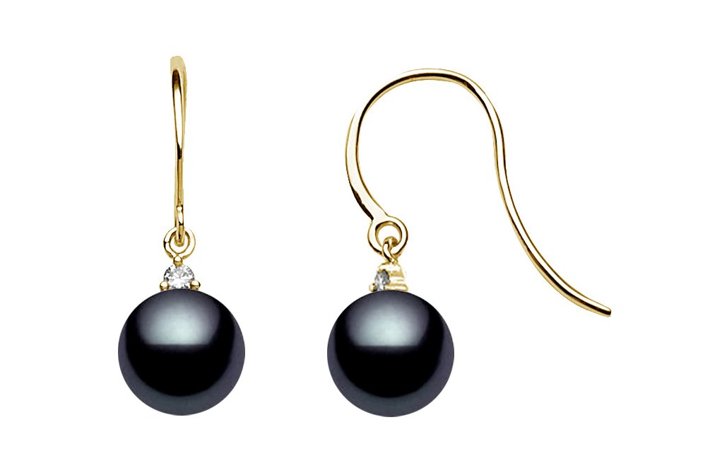14K Yellow Gold AAAA Quality Black Akoya Cultured Pearl & Diamond Dangle Earrings for Women - Luxury Pearl Jewelry for Weddings, Parties & Special Occasions