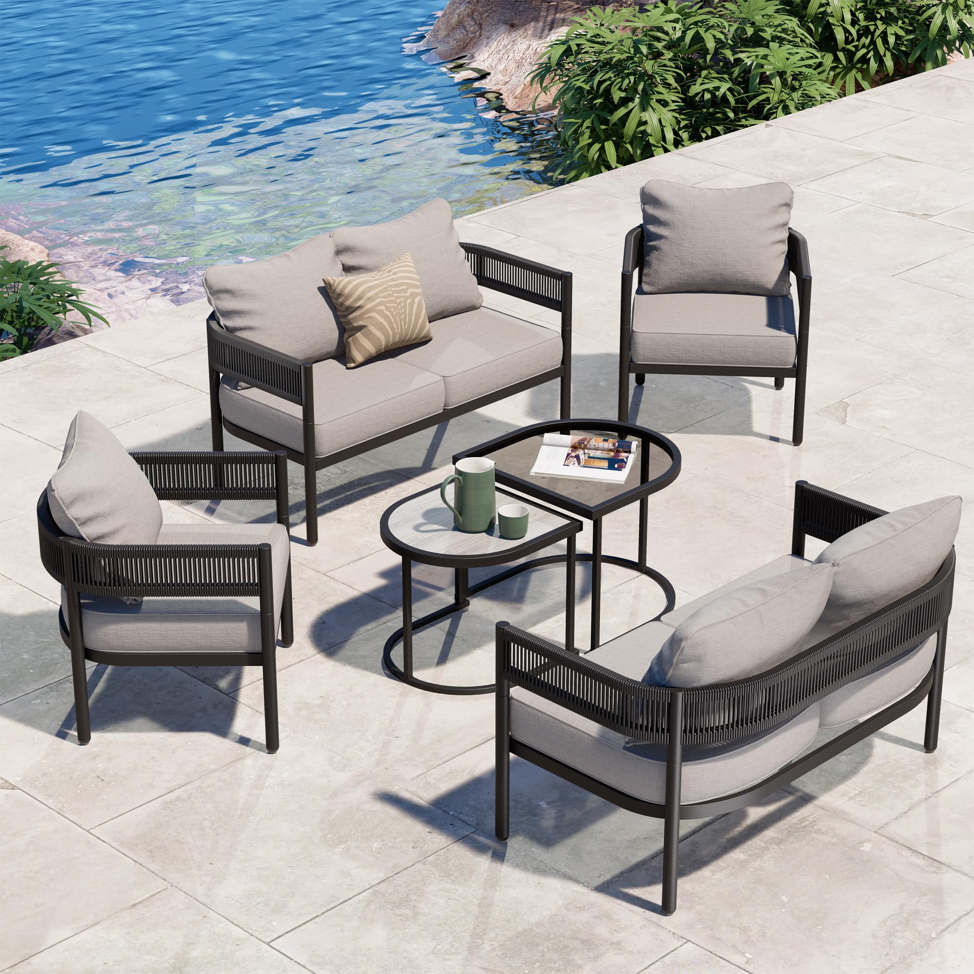 6-Piece Wicker Patio Furniture Set with Beige Cushions & Coffee Table - Outdoor Sofa Conversation Set for Backyard, Garden, Balcony - Perfect for Relaxing, Entertaining & Lounging in Your Outdoor Space