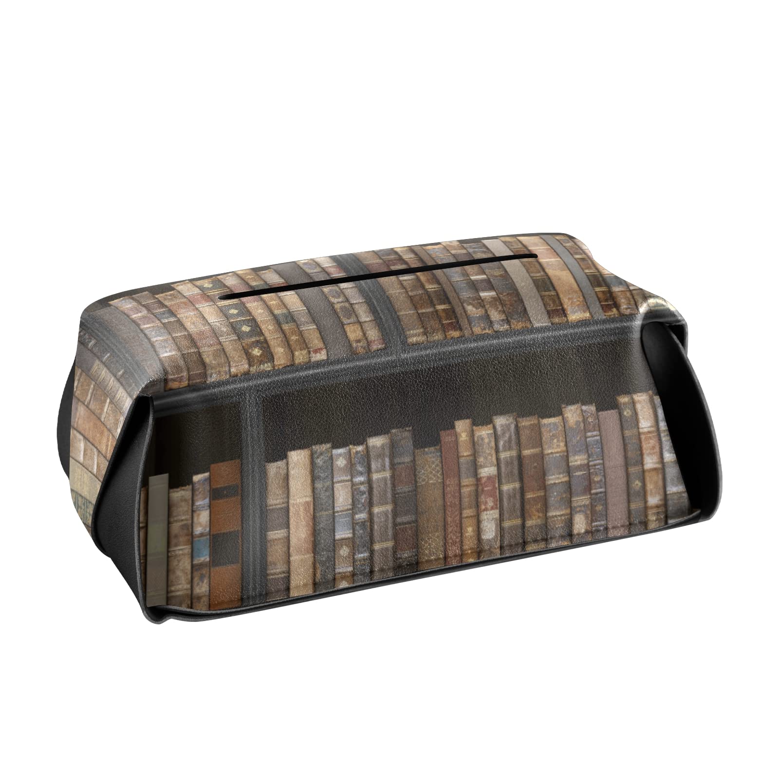 Vintage Black Wood Bookshelf Style Leather Tissue Box Cover with Handle - 9.4x5.1x3.6 Inch - Old Books Texture Square Design for Bathroom, Home, Nightstand, Vanity, Office Desk & Car Decor