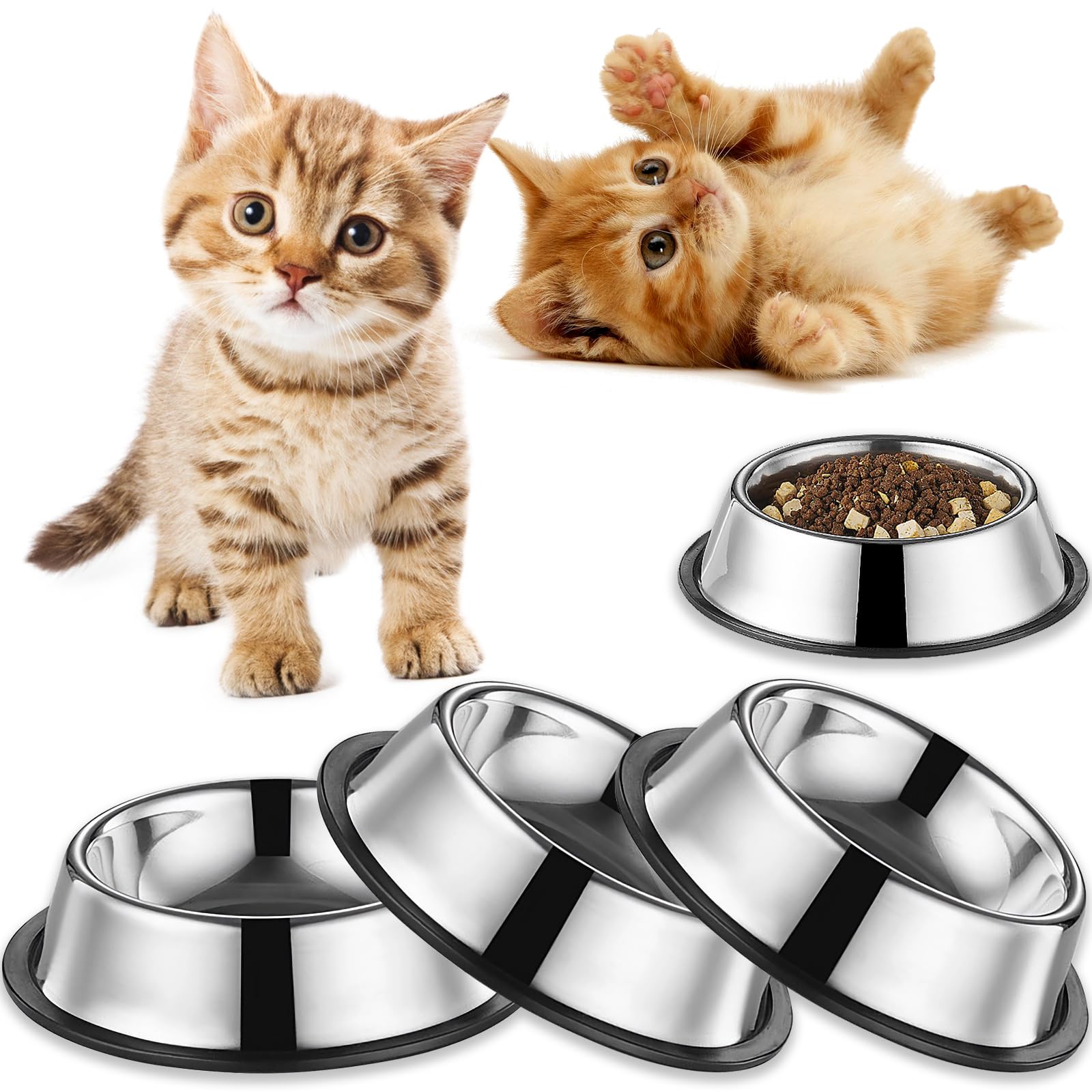 3-Pack Stainless Steel Cat Bowls - 4.5 Inch Non-Slip Pet Food & Water Dishes (7oz) for Kittens & Small Dogs - Whisker Fatigue Relief - Perfect for Wet Food, Dry Food & Water - Durable & Easy Clean for Daily Feeding