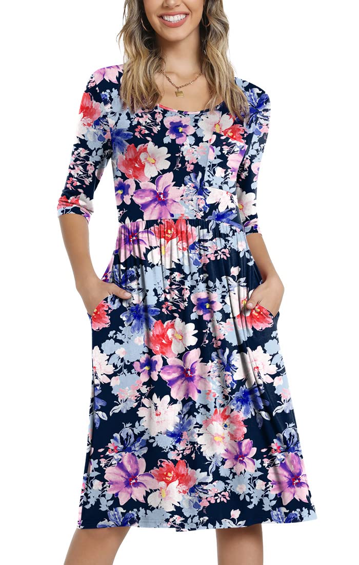 CATHY Women's 3/4 Sleeve High Waist Flowy Midi Dress with Pockets - 2025 Casual Round Neck Summer Dress for Work, Date Night & Vacation