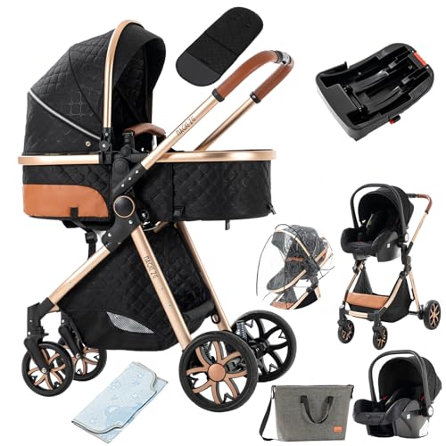 3 in 1 Baby Travel System - Reversible Stroller, Portable Foldable Pram Buggy with Luxury High Landscape Design for Newborn & Toddler (Black Gold) | Perfect for Shopping, Travel & Outdoor Walks