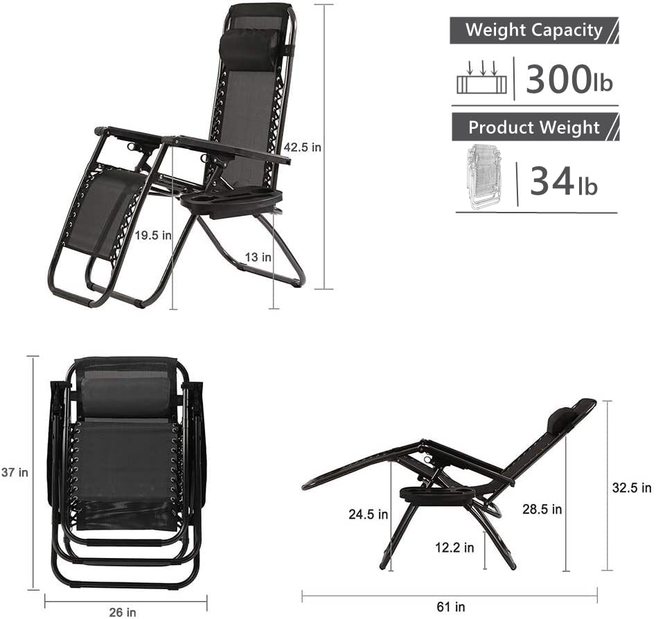 BSTOPHKL Zero Gravity Lounge Chairs Set of 2 - Adjustable Reclining Outdoor Folding Chairs with Headrest Pillow & Cup Holder - Perfect for Patio, Deck, Beach, Camping, Backyard & Poolside Relaxation