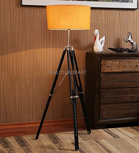 Modern Teak Wood Tripod Floor Lamp with Shiny Finish - Elegant Lighting for Living Room, Bedroom & Office Decor