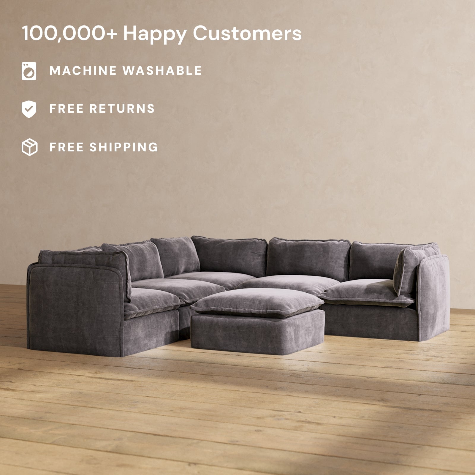 Premium 5-Seater Modular Corner Sectional Sofa with Ottoman in Cinder Gray - Luxury Blend Fabric for Living Room, Family Room & Home Theater Comfort