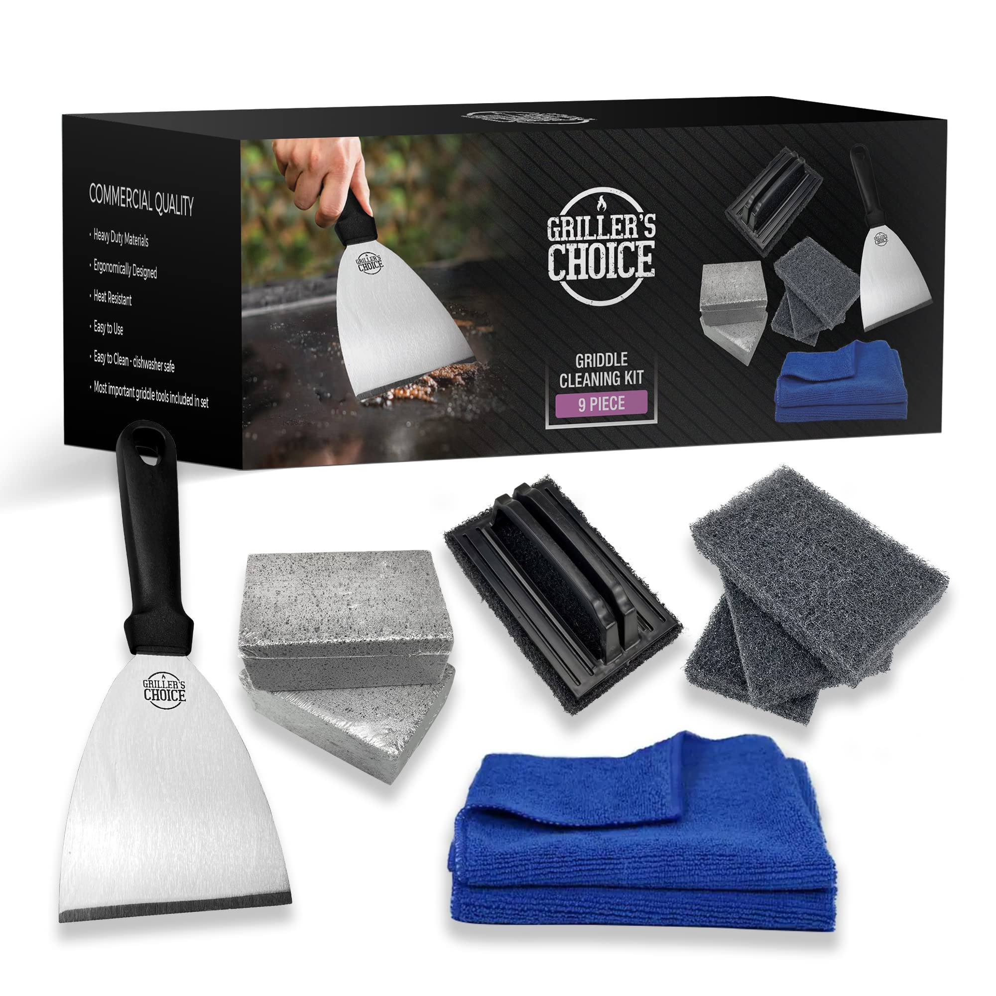 Grillers Choice Griddle Cleaning Kit - All-in-One Flat Top Grill Set with Cleaning Blocks, Scouring Pads, Brush & Scraper | Professional Grill Maintenance Tools for Outdoor BBQ, Camping & Backyard Cooking