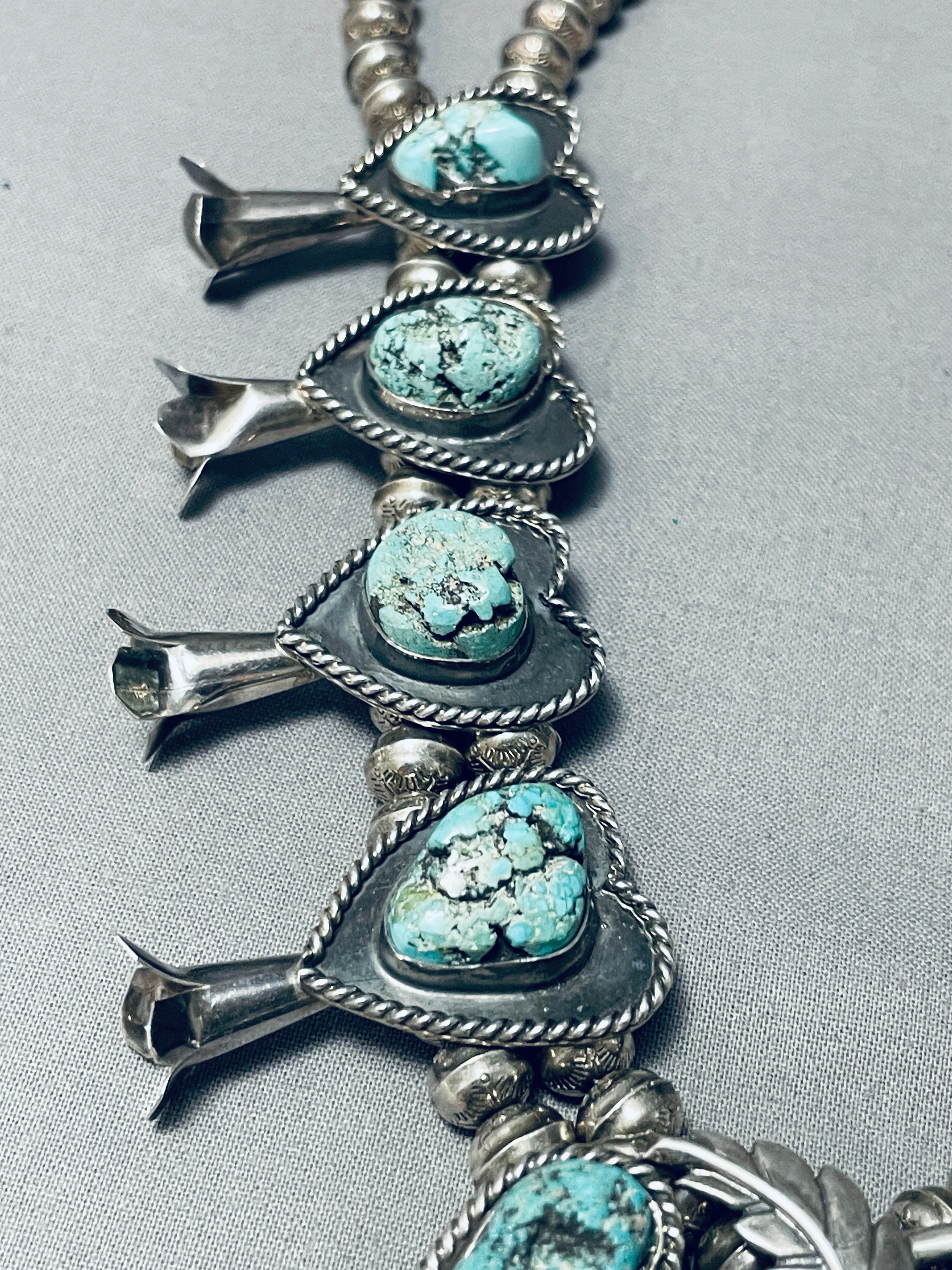 191 Gram Vintage Native American Navajo Turquoise Sterling Silver Squash Blossom Necklace - Handcrafted Jewelry for Women, Perfect for Boho Fashion, Weddings & Special Occasions