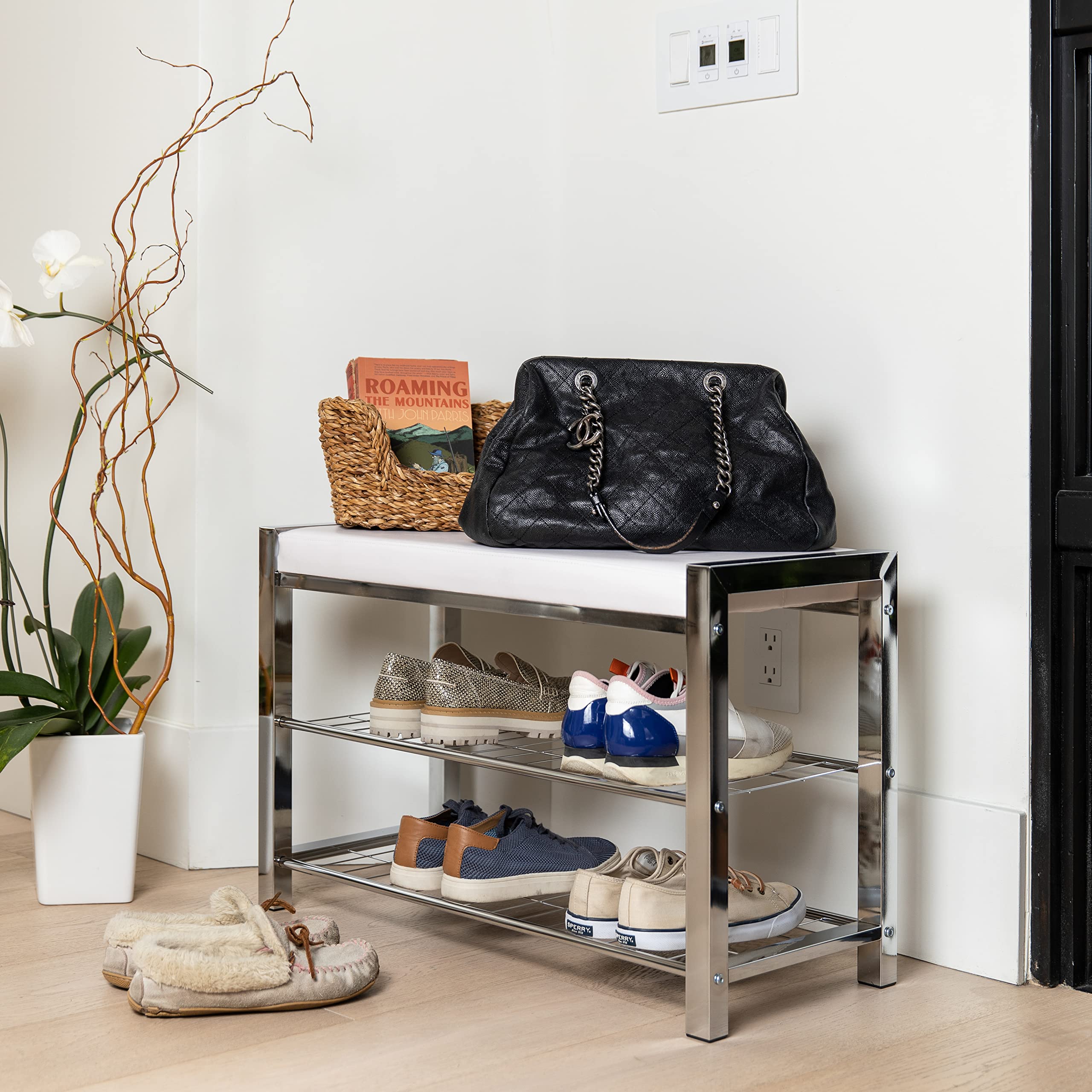 Danya B White Leatherette Storage Entryway Bench with Chrome Frame - Modern Hallway Bench with Shoe Storage, Perfect for Entryway, Living Room, Bedroom & Mudroom Organization