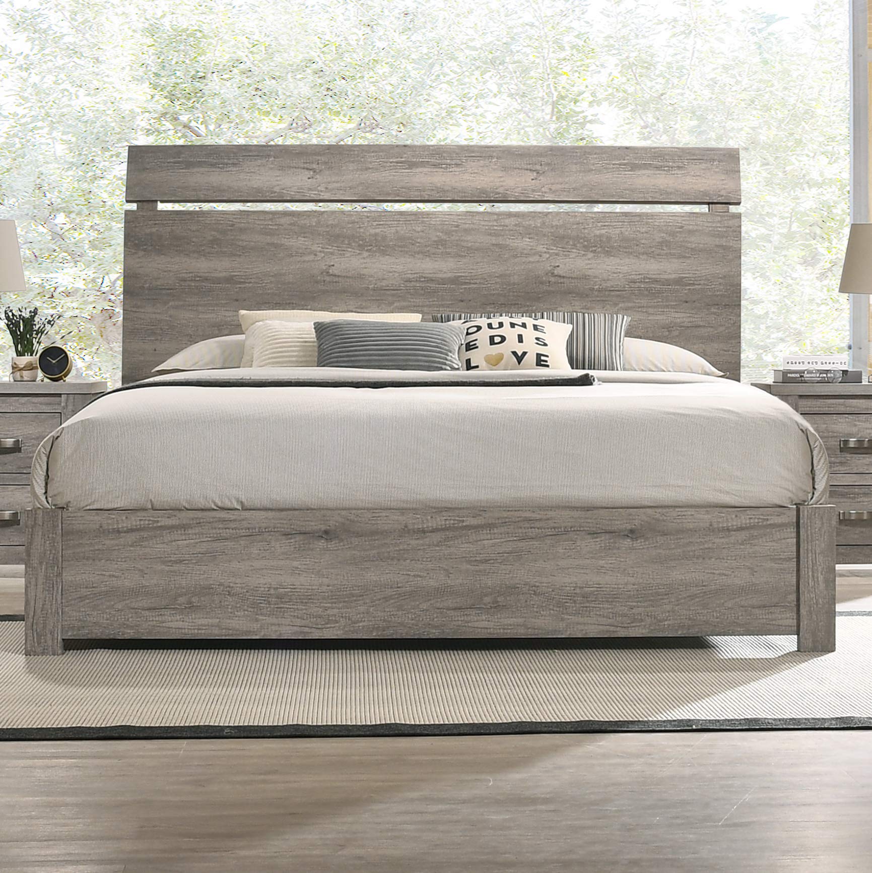Roundhill Furniture Floren Contemporary Weathered Gray Wood Queen Bedroom Set - Panel Bed, Dresser, Mirror, Nightstand & Chest | Modern Farmhouse Style for Cozy Bedroom Decor