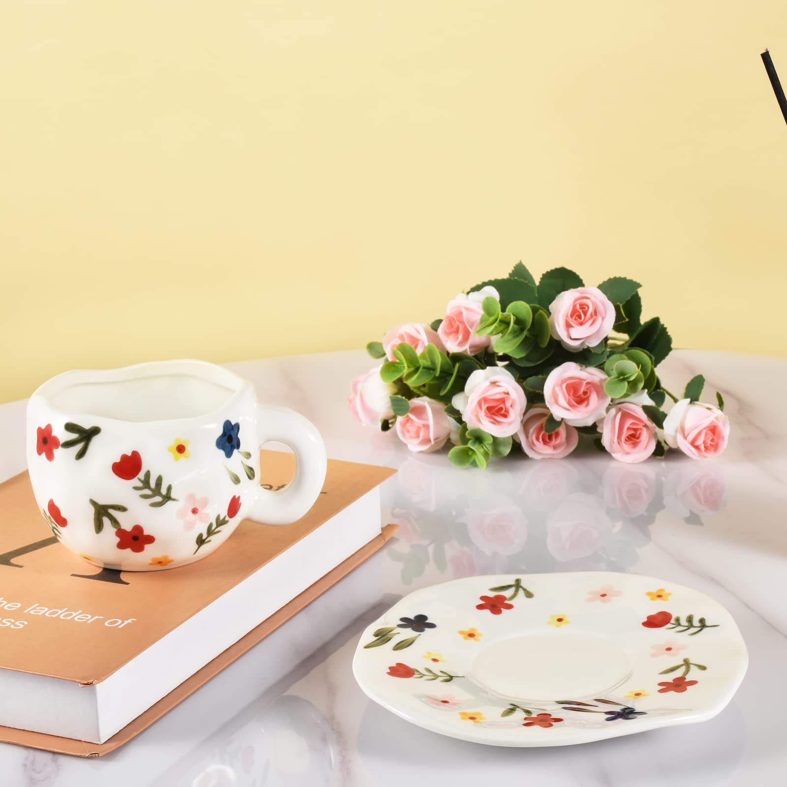 Koythin Ceramic Coffee Mug with Saucer - 10 oz/300ml Cute Pink Cup for Women, Dishwasher & Microwave Safe - Perfect for Office, Home, Latte, Tea & Milk (White Floret Design)