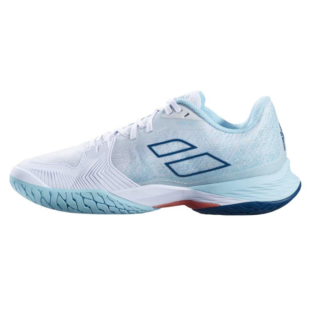 Babolat Jet Mach 3 AC Women's Tennis Shoes - Lightweight Performance Court Shoes for Women in White/Blue | Perfect for Competitive Matches & Training Sessions
