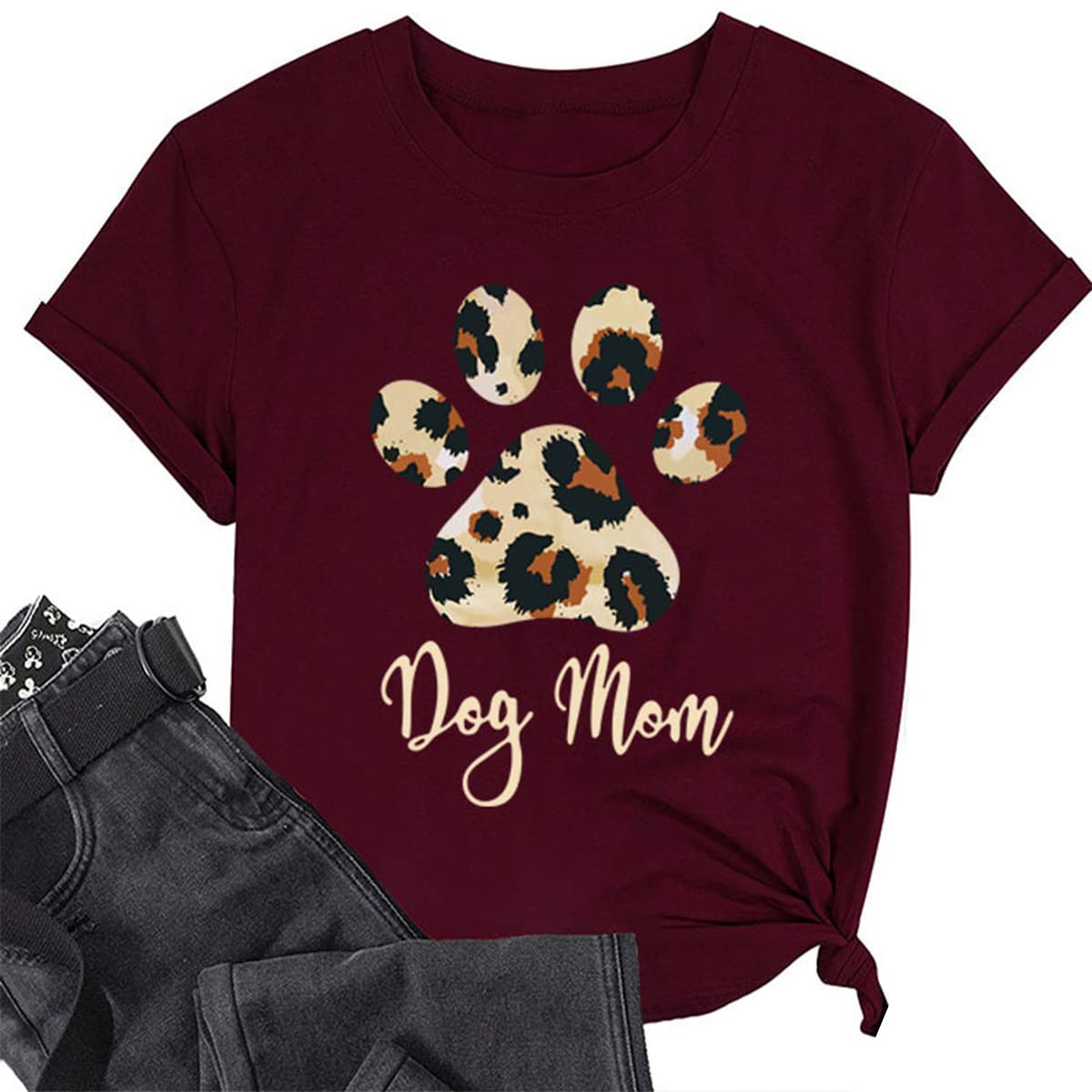 Cute Leopard Paw Print Dog Mom T-Shirt for Women - Casual Graphic Tee for Summer, Mothers Day Gift Idea for Dog Lovers