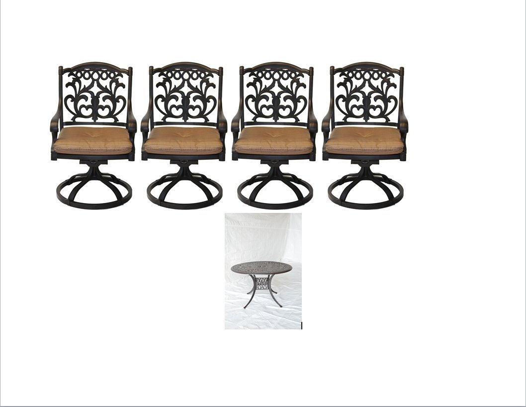 5-Piece Mandalay Outdoor Patio Dining Set - Dark Bronze Cast Aluminum with Walnut Finish | Durable All-Weather Furniture for Backyard, Garden & Poolside Dining