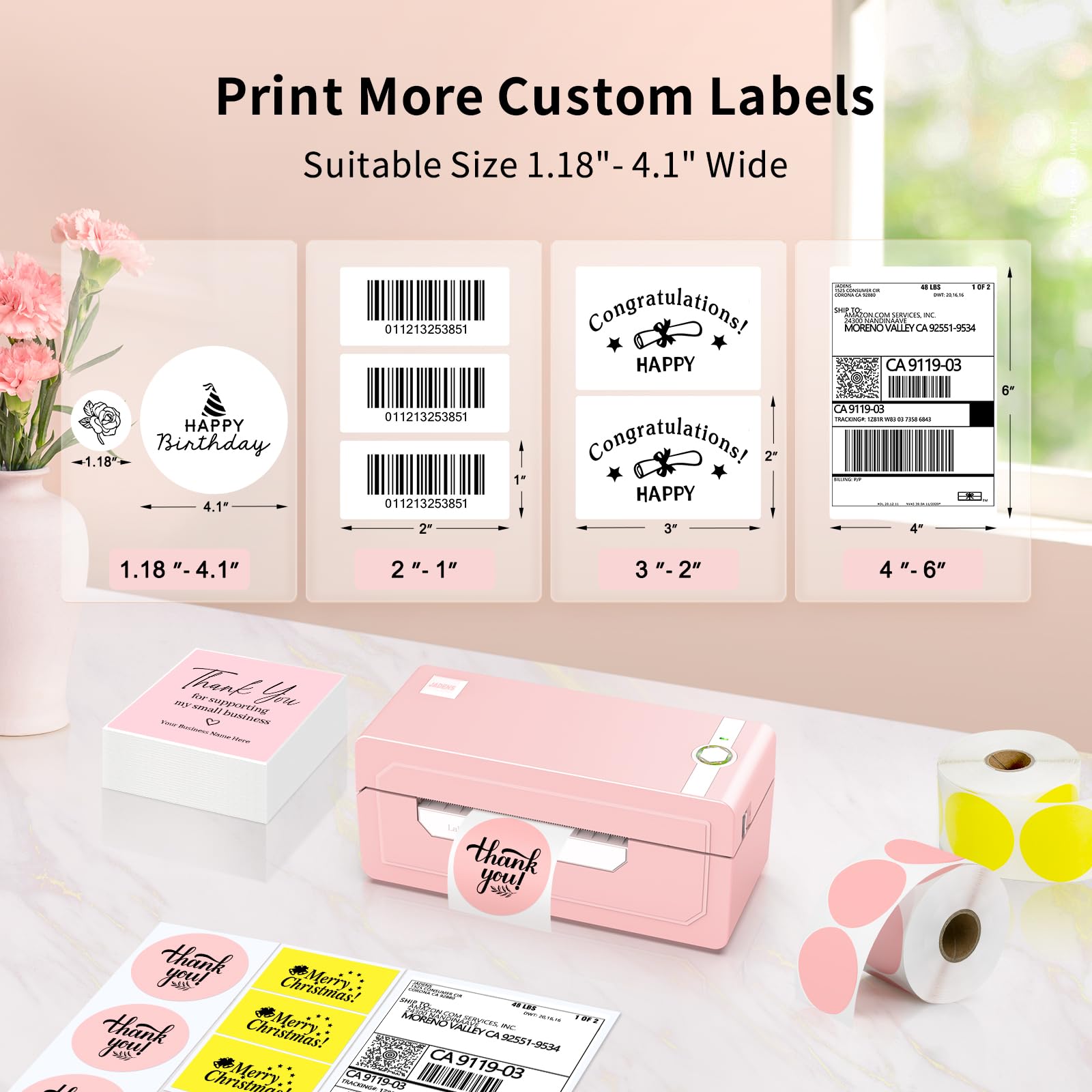 JADENS Pink Bluetooth Thermal Label Printer 4x6 - Wireless Shipping Label Printer for Small Business, Ecommerce & Packages | Compatible with iOS, Android, Mac, Windows | Works with Amazon, Etsy, eBay, Shopify | Perfect for Home Office, Warehouse & Shipping Centers