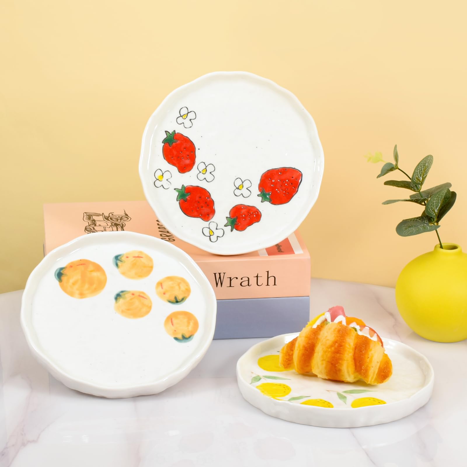 Koythin Ceramic Dinner Plate Set - Cute Fruit & Floral Printed Design - Durable Kitchen & Dining Plates for Home, Office, Dessert Serving (Orange) - Perfect for Everyday Meals, Party Entertaining & Gift Giving