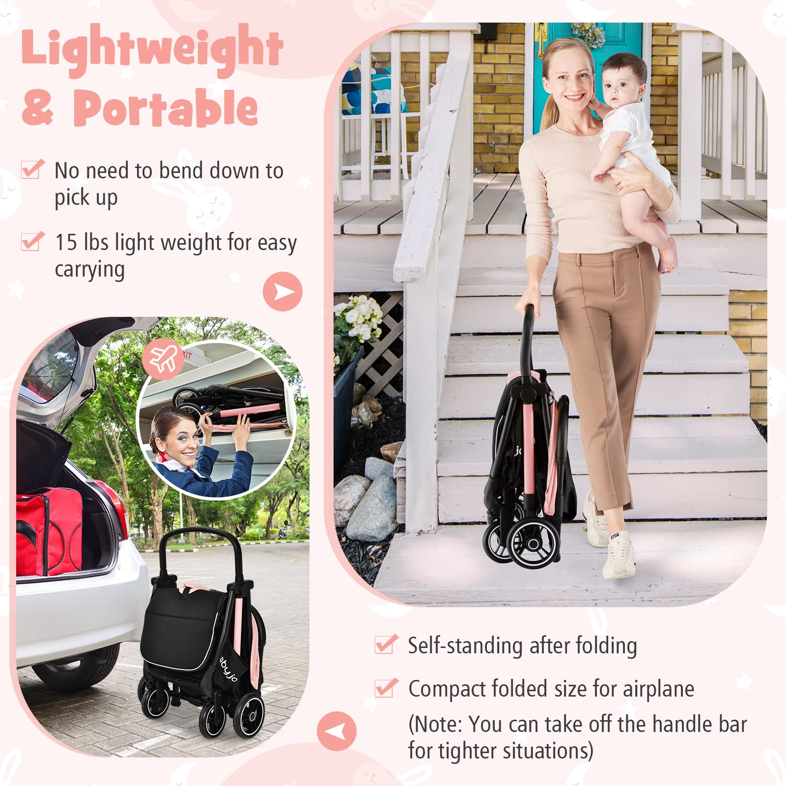 BABY JOY Lightweight Compact Travel Stroller for Airplane - Adjustable Canopy & Backrest, Storage Basket, Self-Standing Gravity Fold Aluminum Frame (Pink) | Perfect for Newborns, Infants & Toddlers - Ideal for Travel, Shopping & Daily Walks