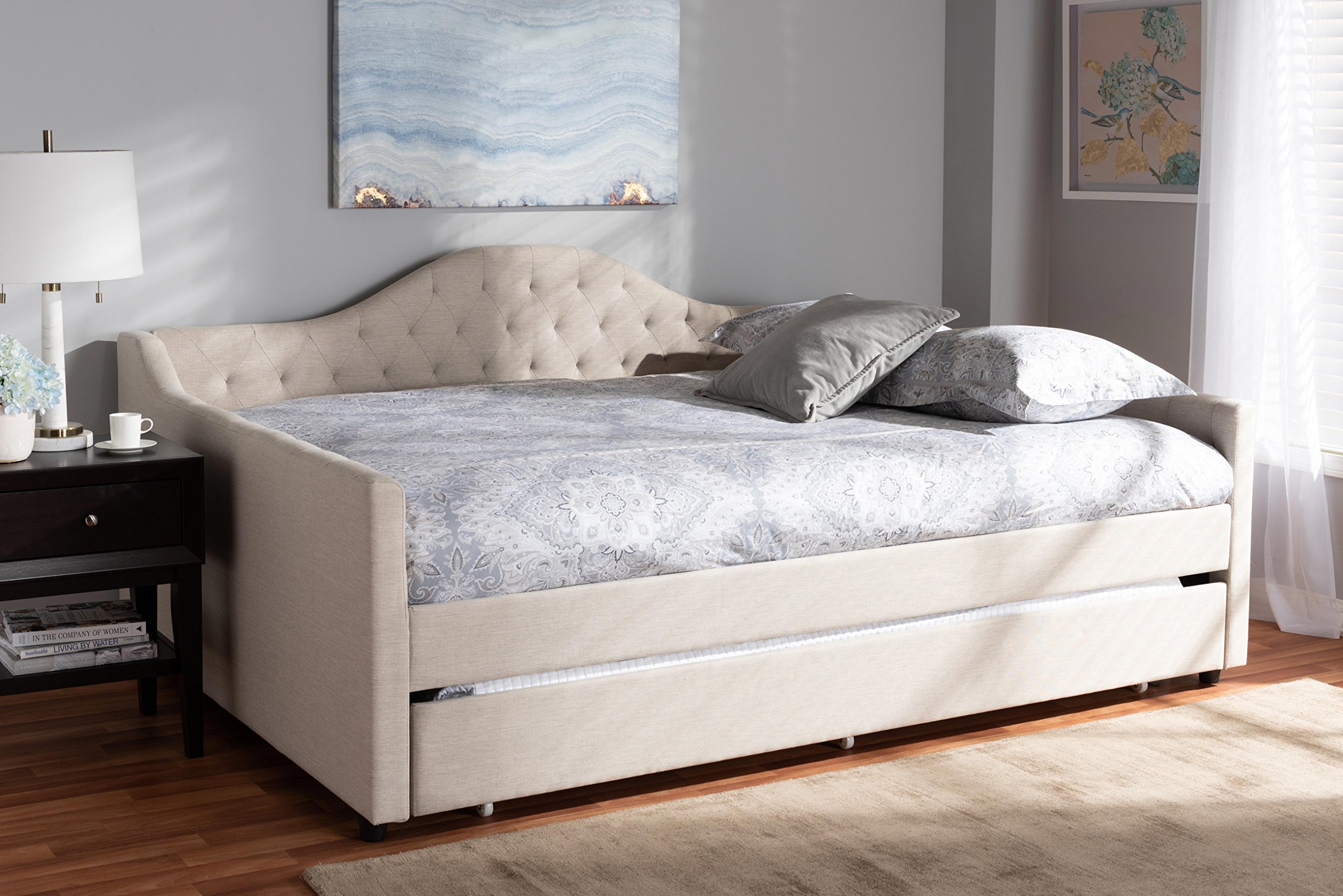 Baxton Studio Delia Daybed with Trundle - Queen Size Light Beige Sofa Bed for Guest Room, Living Room & Small Space Furniture