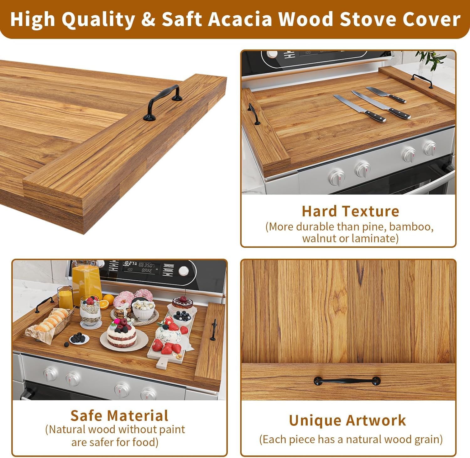 22x30 Inch Acacia Wood Noodle Board Stove Cover with Handles - Protective Stovetop Cover for Electric & Gas Ranges - Perfect for Kitchen Counter Protection & Serving Tray