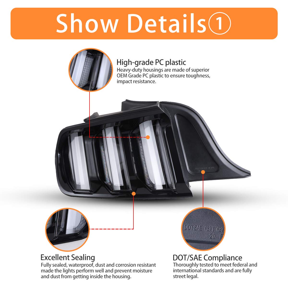AUTOWIKI LED Tail Lights for 2015-2020 Ford Mustang - Sequential Turn Signals, Black Housing, Clear Lens (2PCS) - Upgrade Your Ride with Enhanced Visibility & Style