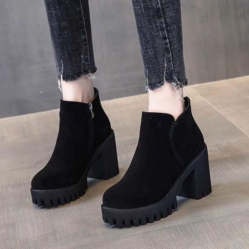 Punk Style Black Suede Ankle Boots for Women - High Heel Combat Booties, Winter Fashion Footwear | Perfect for Night Out, Parties & Edgy Street Style